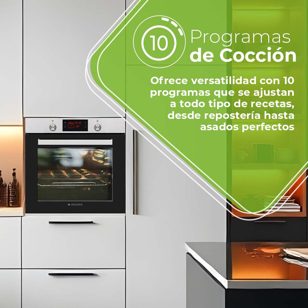Un horno está integrado en un armario blanco. Superposición de texto: 10 programas de cocción ofrecen versatilidad.