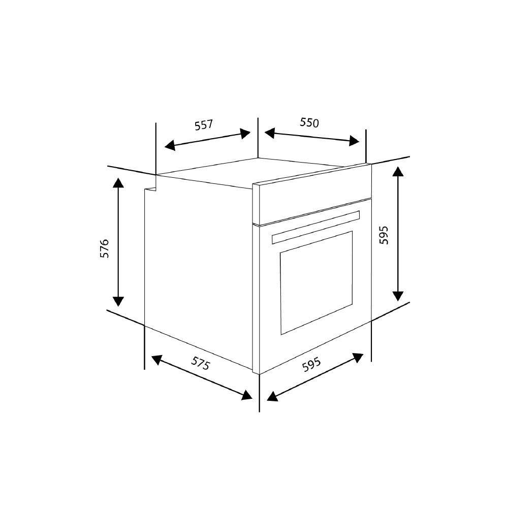 Vista isométrica de un horno empotrado con dimensiones etiquetadas en todos los lados en líneas negras.