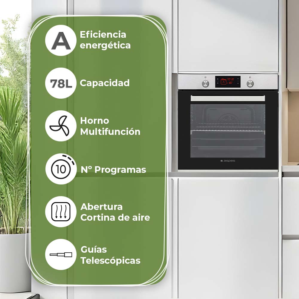 Horno empotrado con etiqueta verde que muestra eficiencia energética, capacidad y detalles del programa.