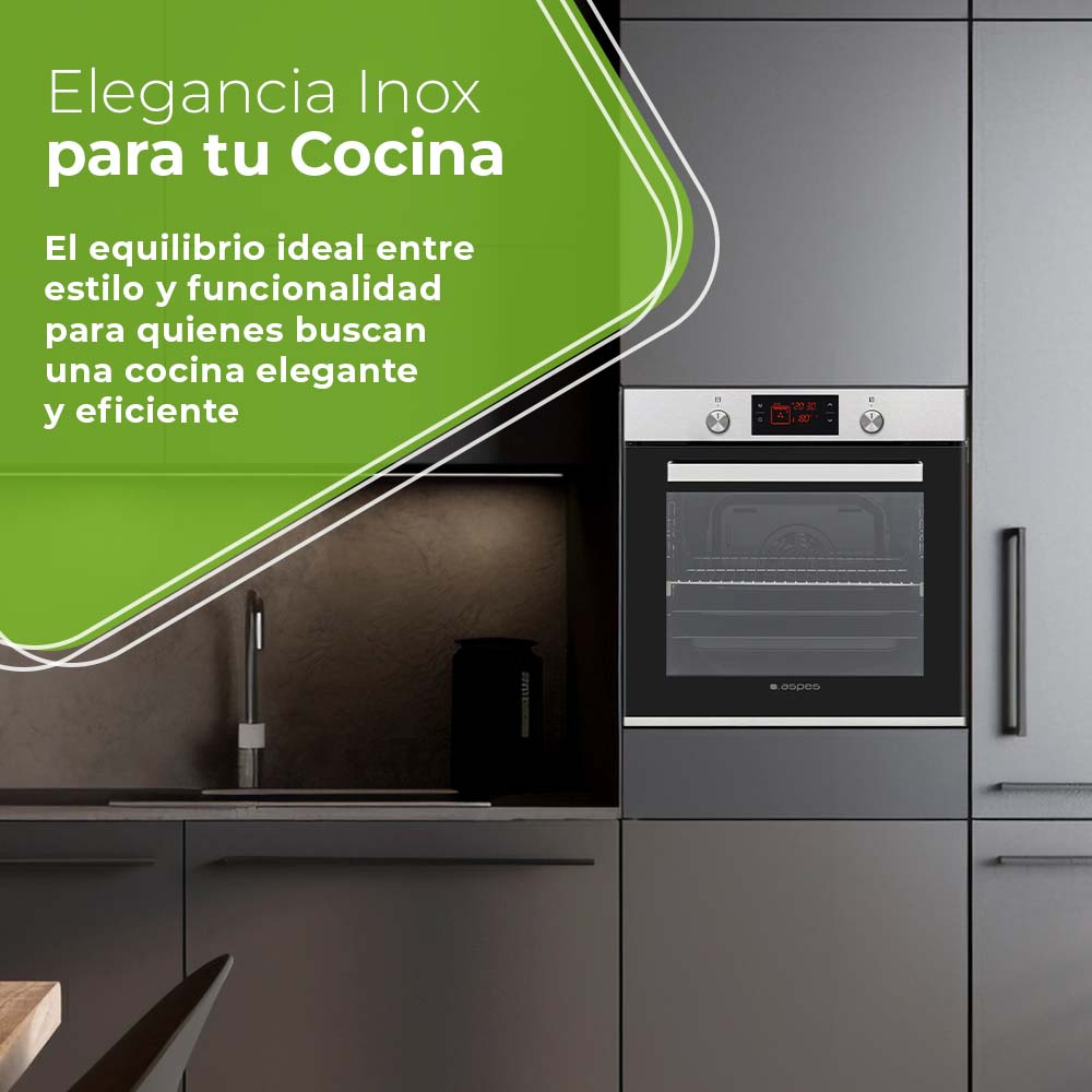 Cocina moderna con horno empotrado. Superposición de texto destaca la elegancia y el diseño en acero inoxidable.