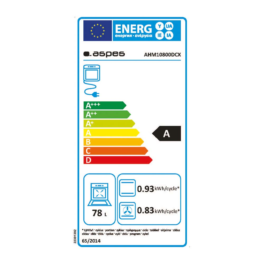 Una etiqueta energética para un horno. Muestra la clasificación de eficiencia energética como A. Detalles incluyen el consumo.