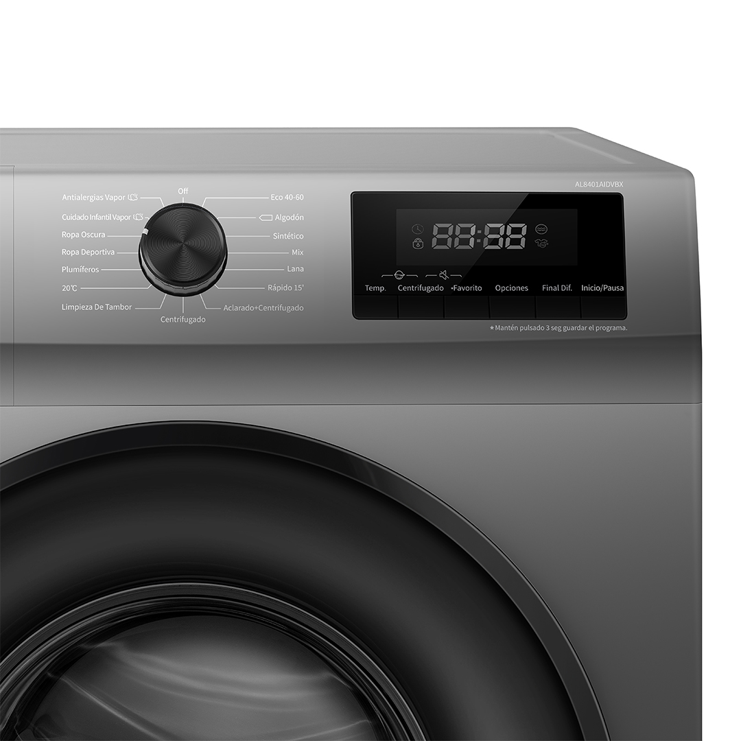 Zbliżenie panelu sterowania pralki. Widoczne pokrętła, przyciski i wyświetlacz cyfrowy.