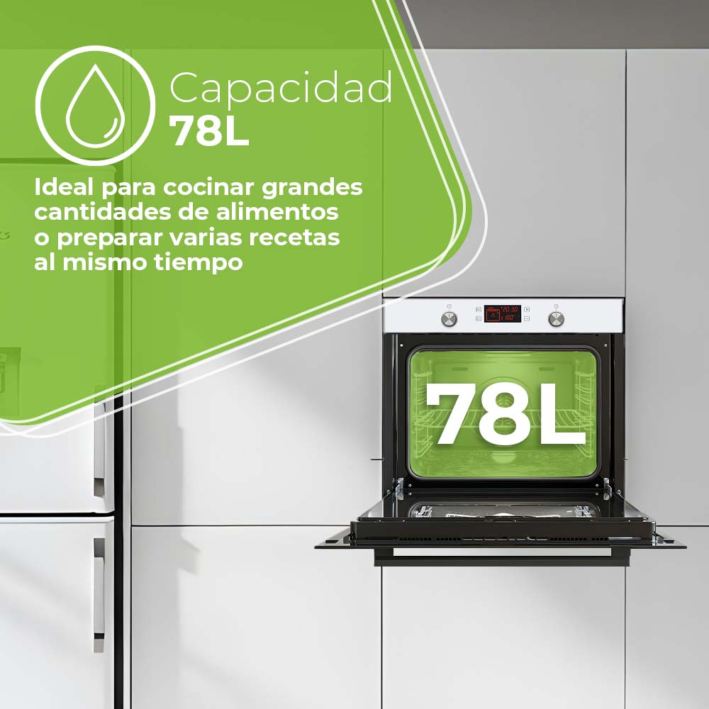 Un horno empotrado en un mueble de cocina, con texto que describe su capacidad.