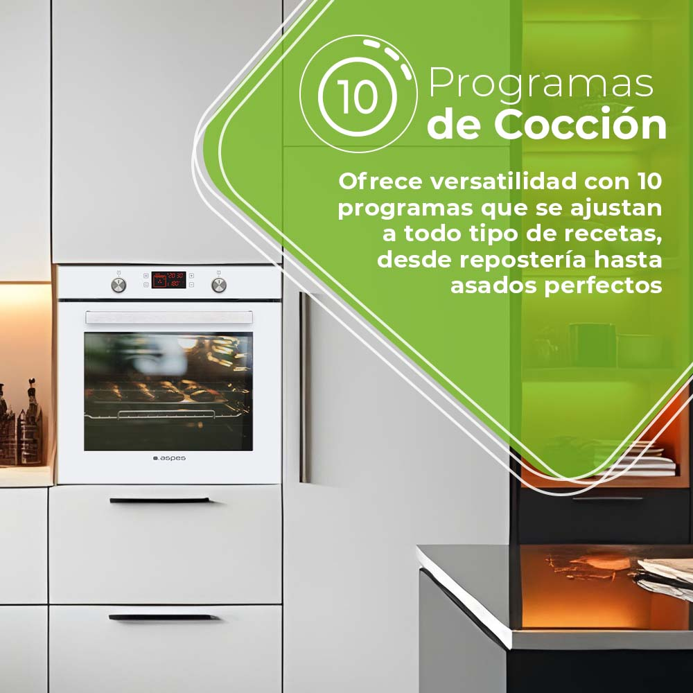 Un horno empotrado en un mueble de cocina, con texto que describe programas de cocción.