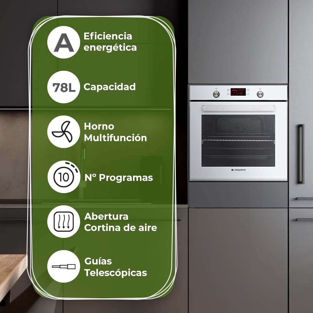 Infografía sobre un horno. Muestra eficiencia energética A, capacidad de 78L, multifunción y 10 programas. Horno blanco.