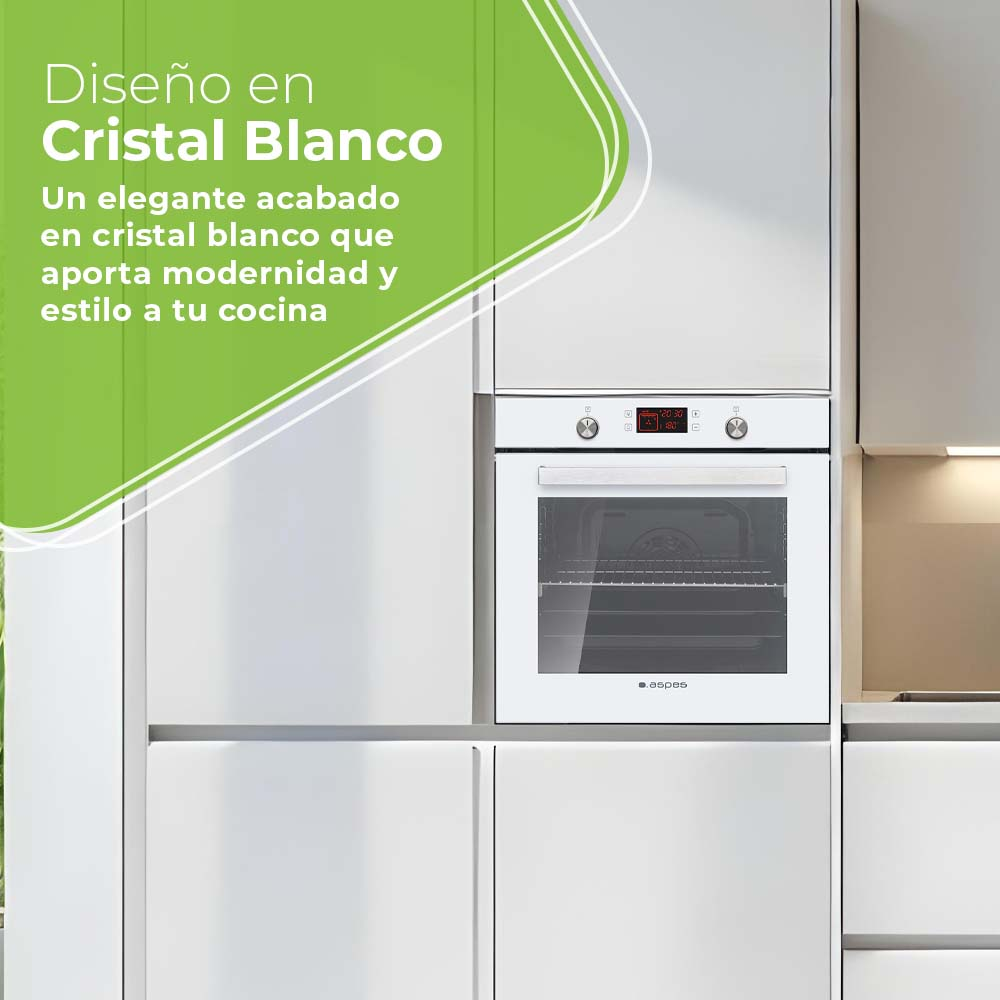 Un horno empotrado en un mueble de cocina blanco, con texto que describe el diseño.