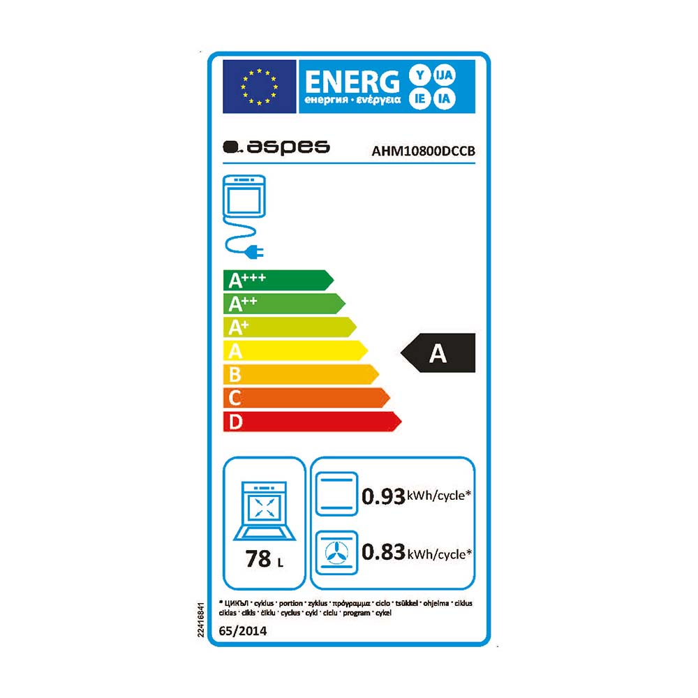 Etiqueta energética que muestra información sobre la eficiencia energética de un horno. Incluye el consumo de energía y detalles de capacidad.