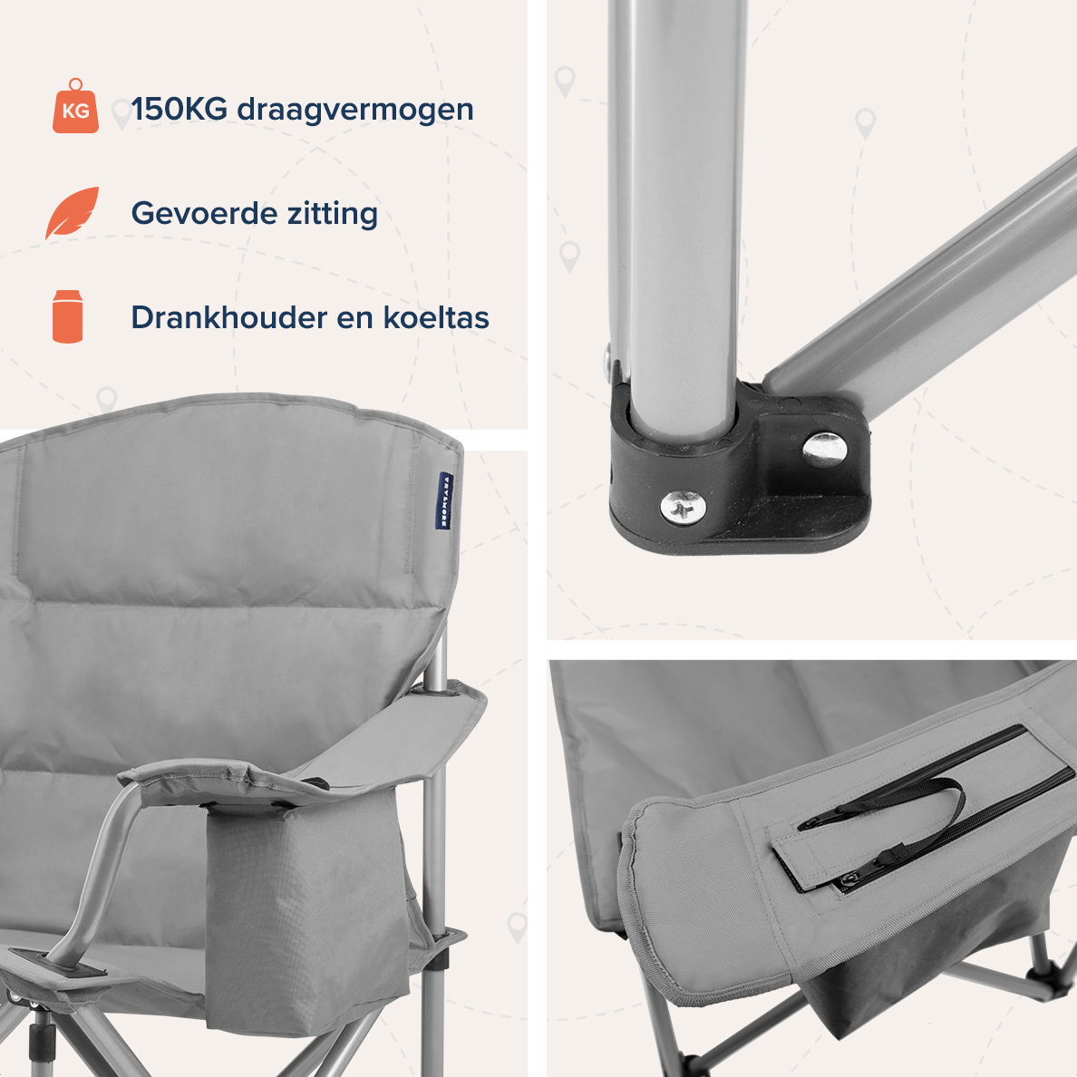 Chaise de camping avec texte en néerlandais: 150KG capacité, siège rembourré, porte-boisson et glacière.