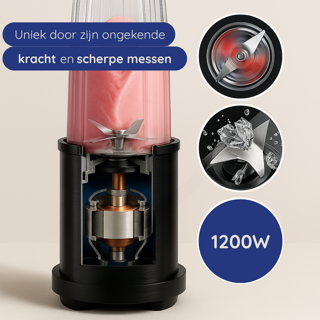 Een zwarte blender, doorsnede toont interne componenten. Tekst: Uniek door kracht en scherpe messen.