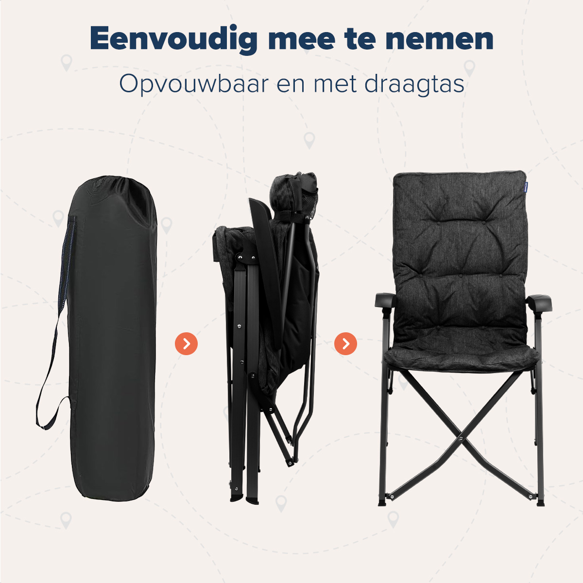 A foldable camping chair in a carrying bag, and the chair being unfolded. Text states "Easy to carry".