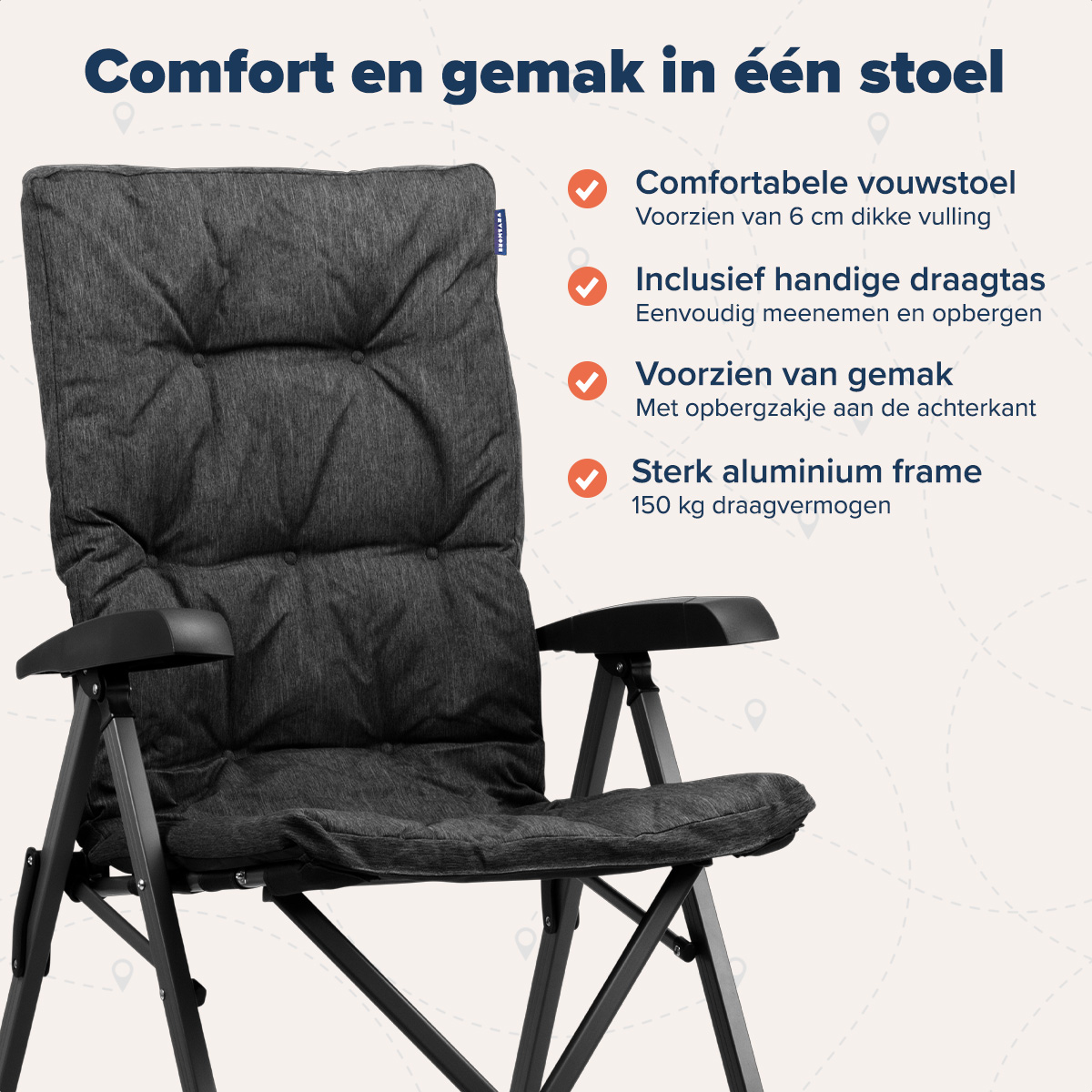 Gray camping chair with text describing features: comfortable folding chair, has a carrying bag, aluminum frame.