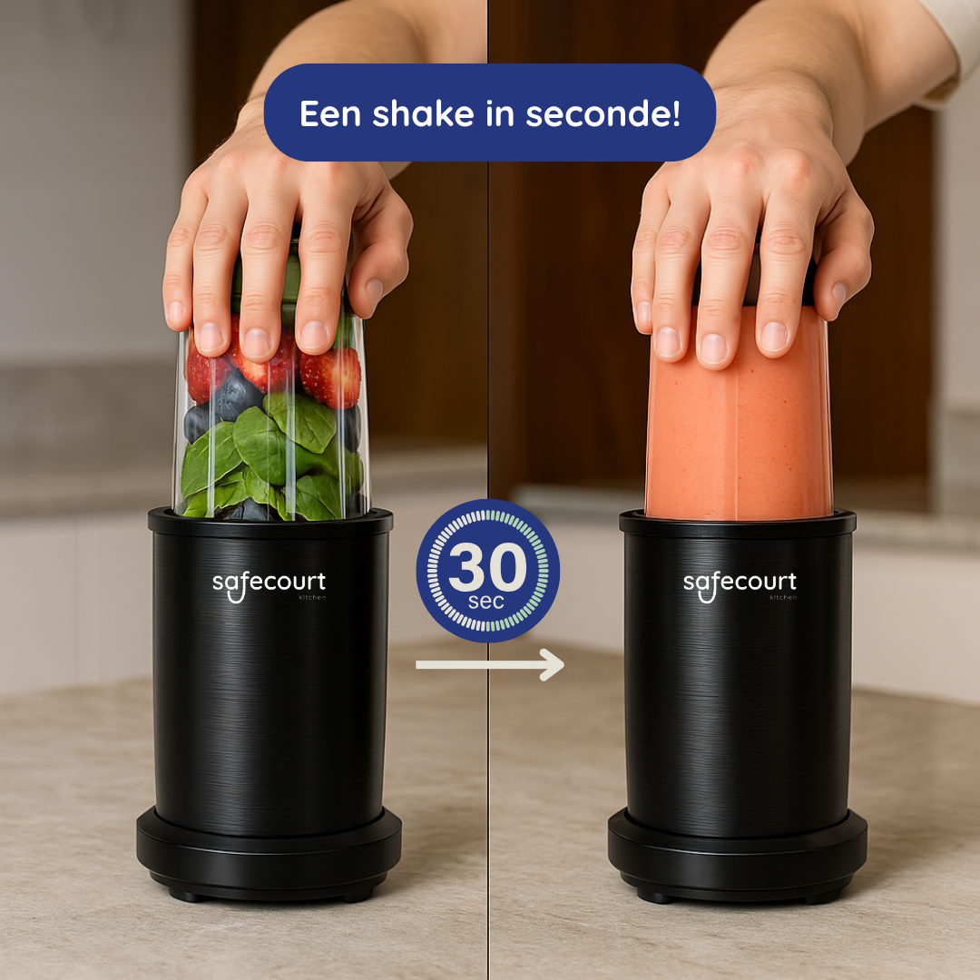Blender mixt van ingrediënten naar smoothie in seconden. Tekst: Een shake in seconden!