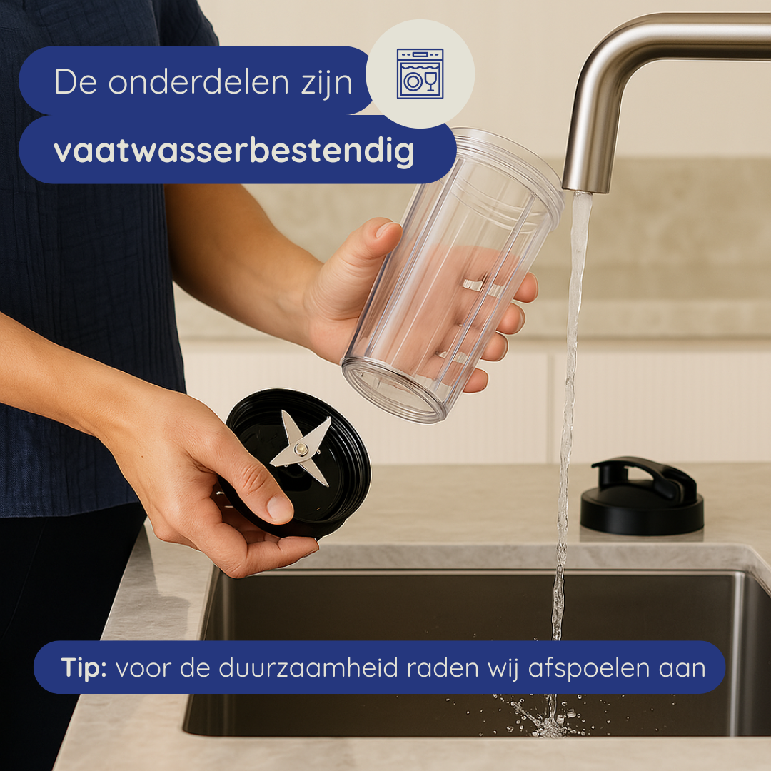 Persoon wast beker en mes onder de kraan. Tekst: Vaatwasserbestendig. Spoelen.