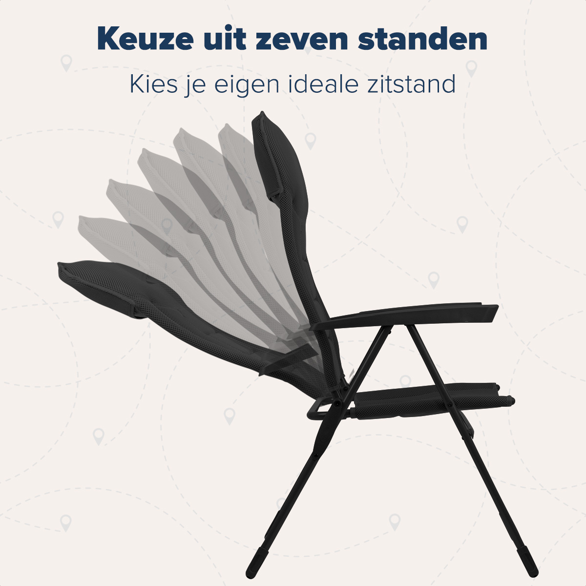 Een geïllustreerde stoel, met meerdere ligposities. Tekst: Kies uit zeven posities.