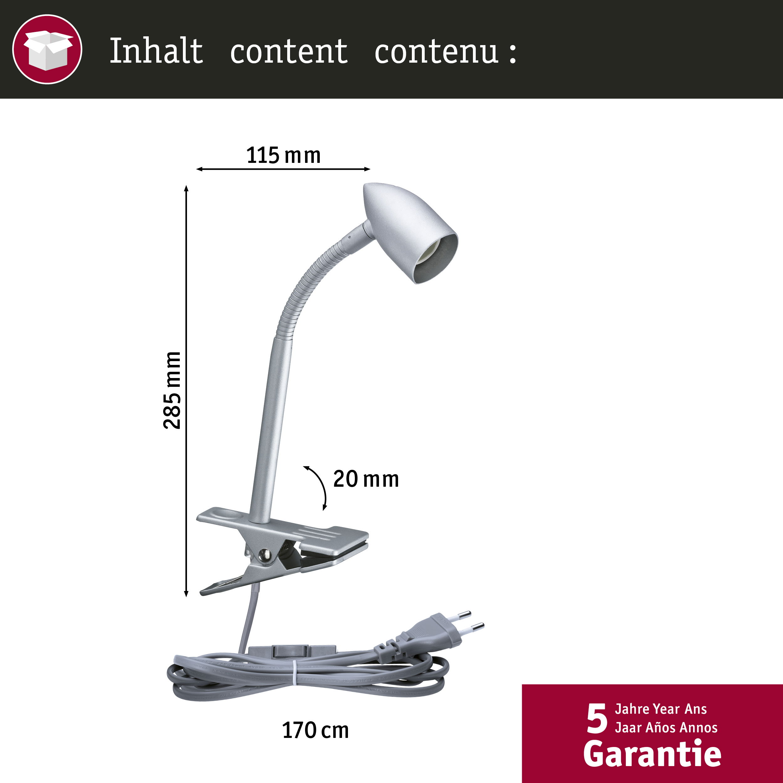 Srebrna lampka biurkowa z elastyczną szyją i podstawą zaciskową, z przewodem zasilającym.