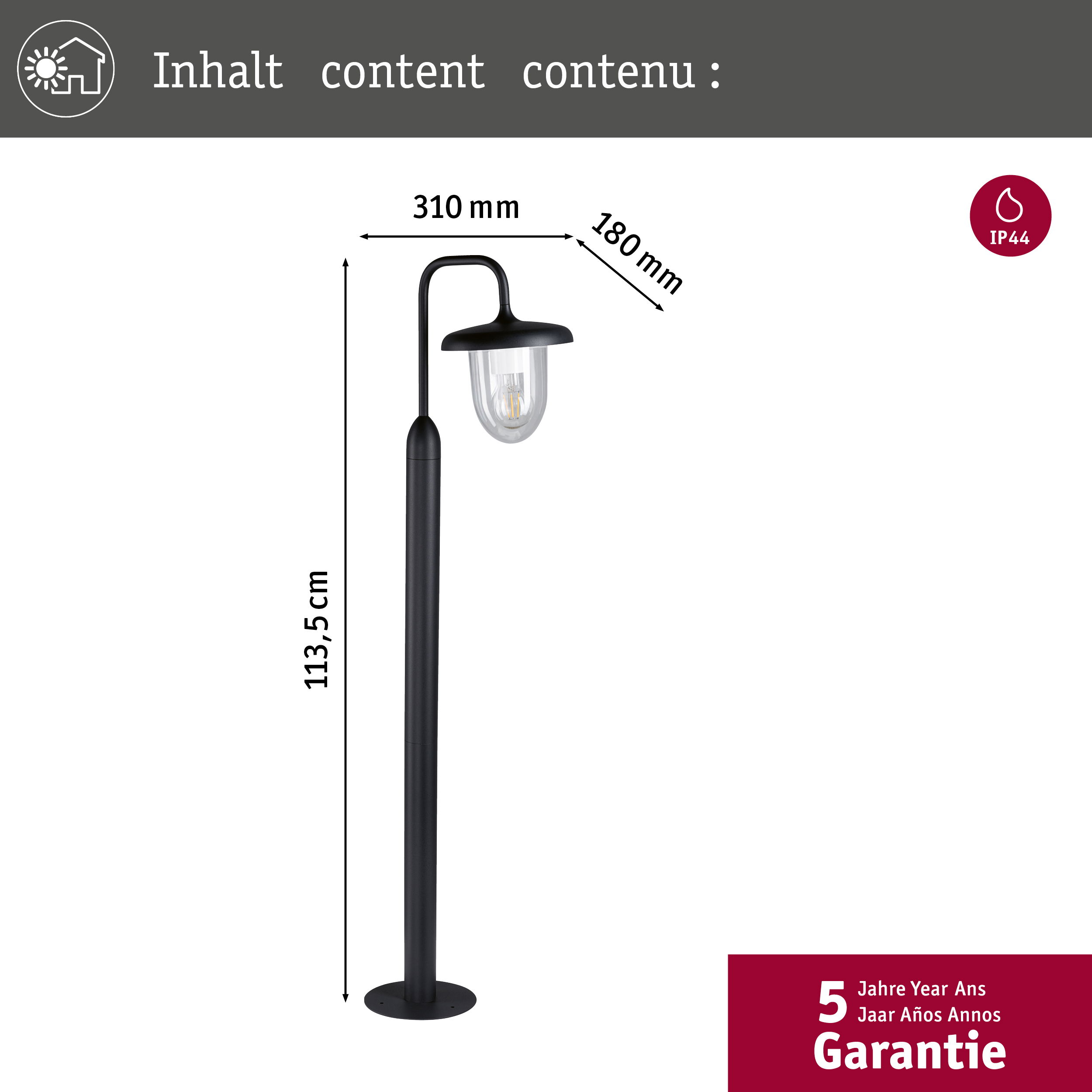 Schwarze Außenlaterne mit klarem Glas. Sie hat Abmessungen und ein Garantie-Logo.