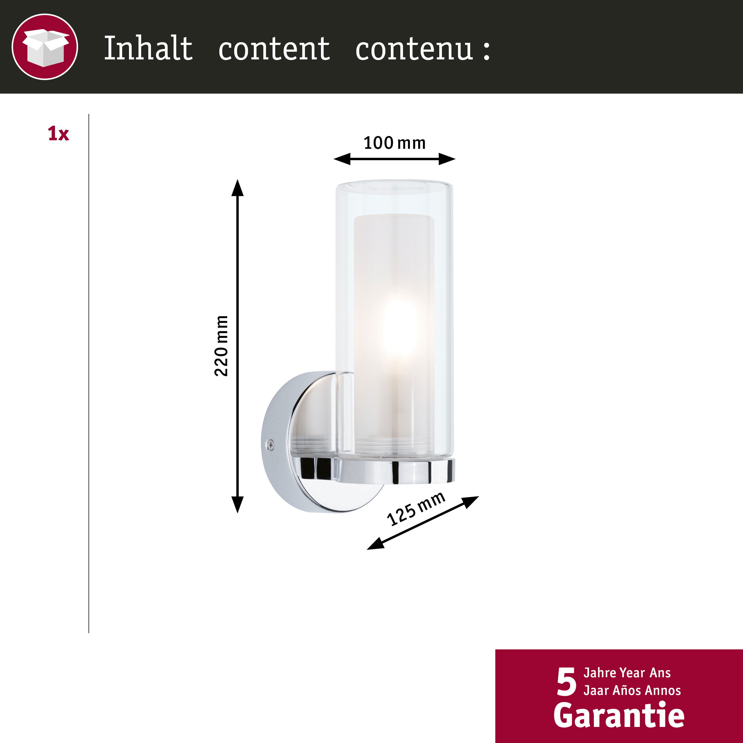 Lampa ścienna z szklanym kloszem. Lampa ścienna z chromowaną podstawą i cylindrycznym szklanym kloszem.