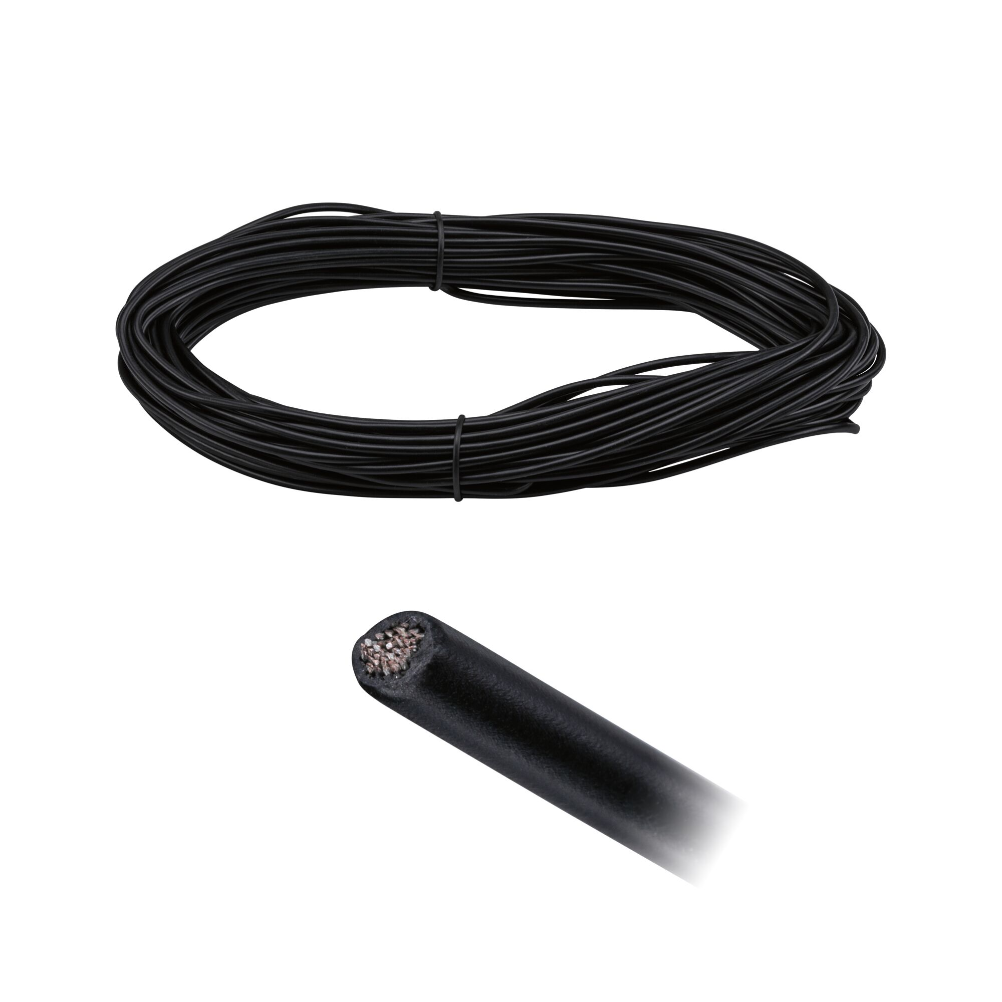 Cavo elettrico nero. Un cavo nero avvolto con un primo piano che mostra i fili interni.