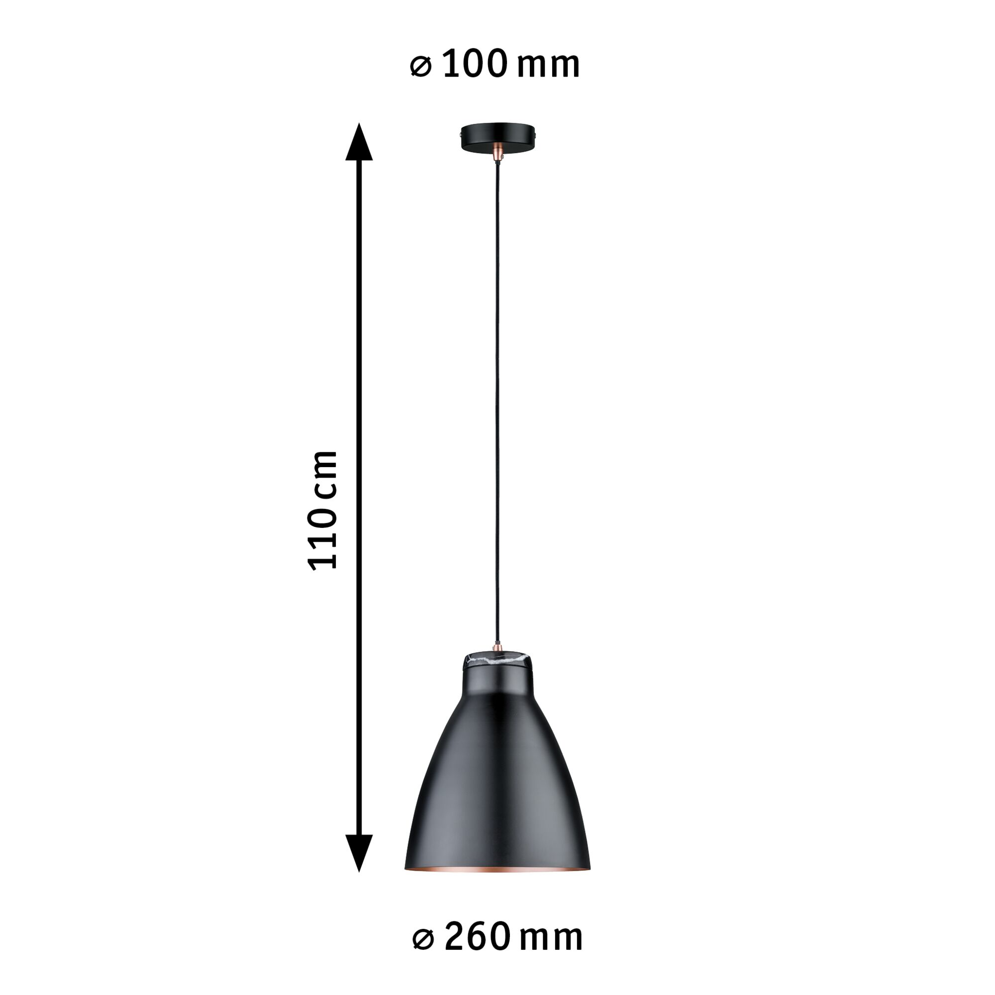 Schwarze Pendelleuchte mit kupferfarbenem Rand, Abmessungen mit Pfeilen angegeben.