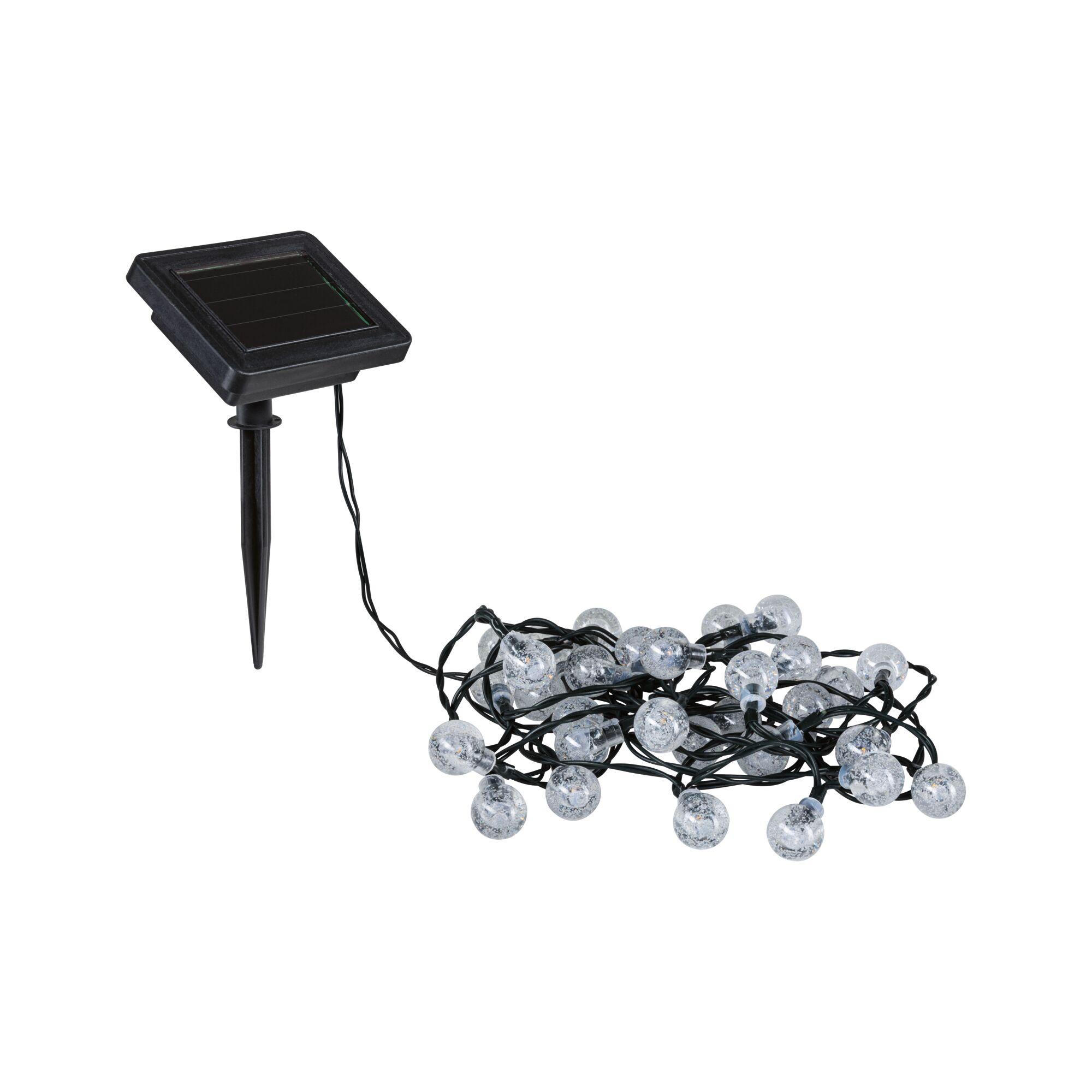 Solarbetriebene Lichterkette. Eine Schnur aus klaren, runden Lichtern mit einem Solarpanel.