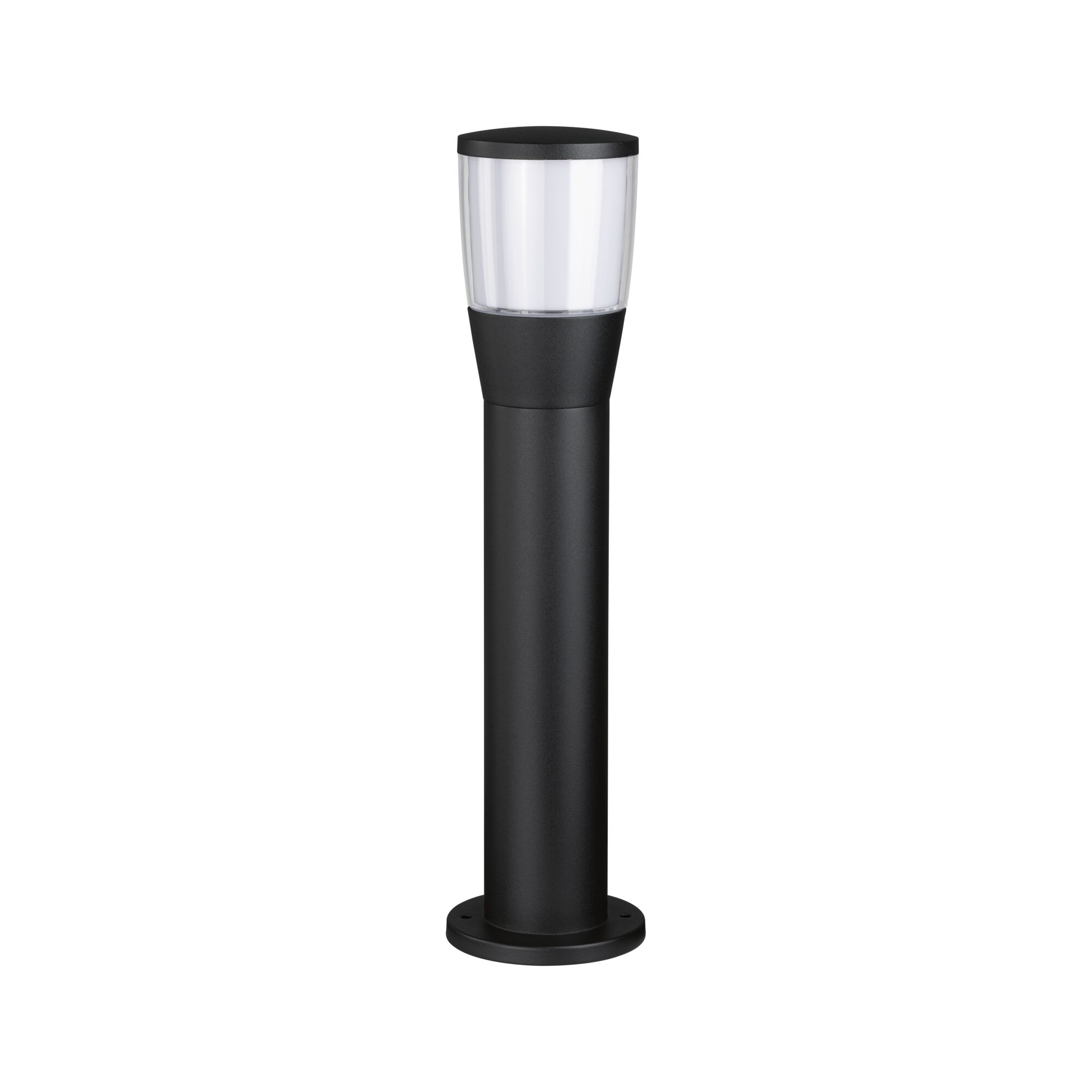 Schwarze zylindrische Außenlampe mit transparentem Oberteil. Es ist eine Pollerleuchte.