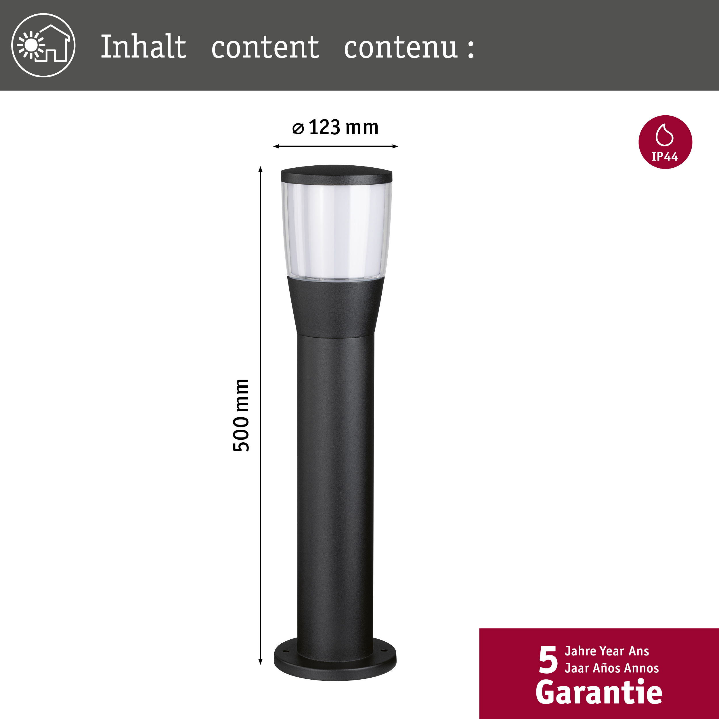Schwarze zylindrische Außenlampe mit transparentem Oberteil. 5 Jahre Garantie.