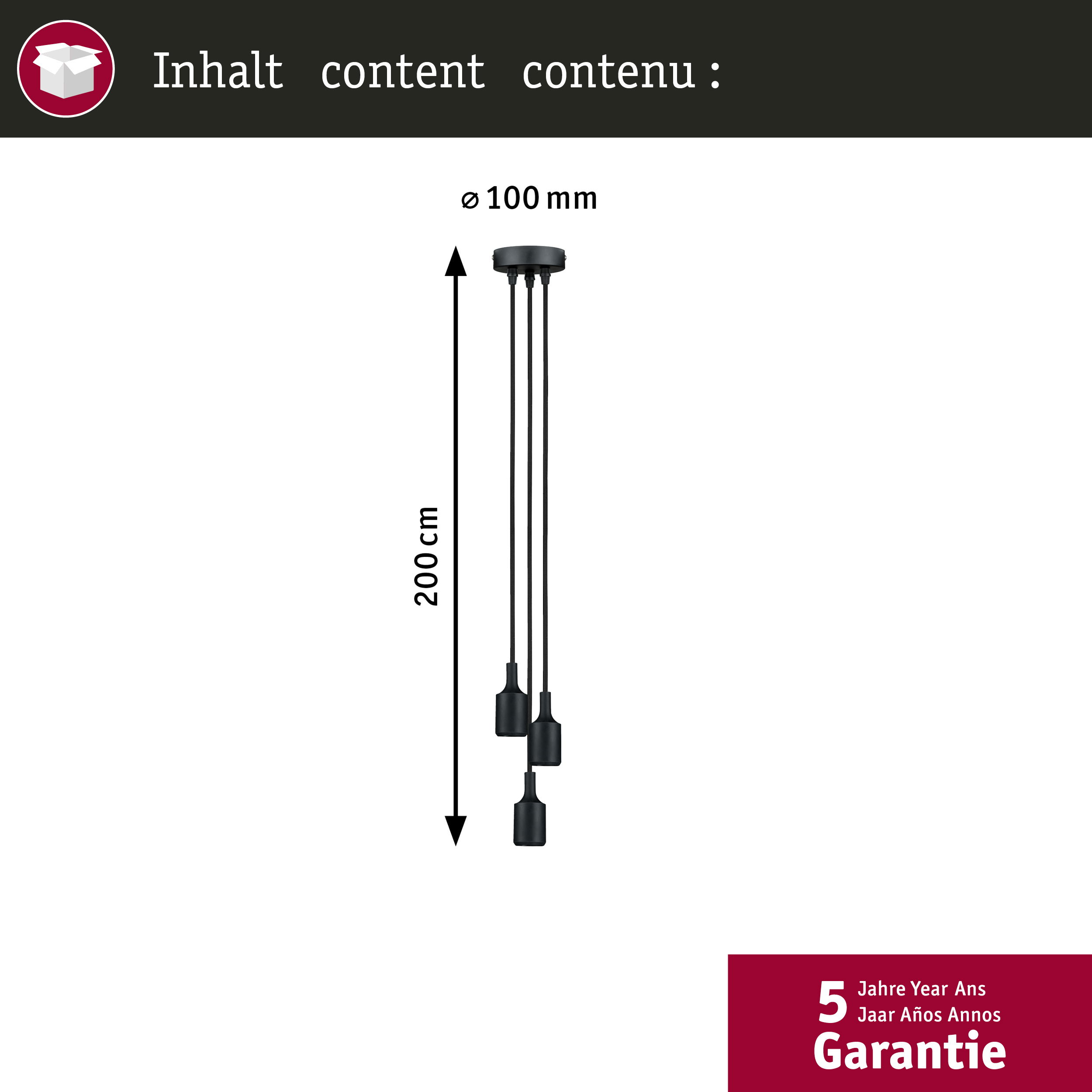 Czarna lampa wisząca z trzema żarówkami, dł. 200 cm. Na pudełku napis 'Zawartość' i '5 lat gwarancji'.