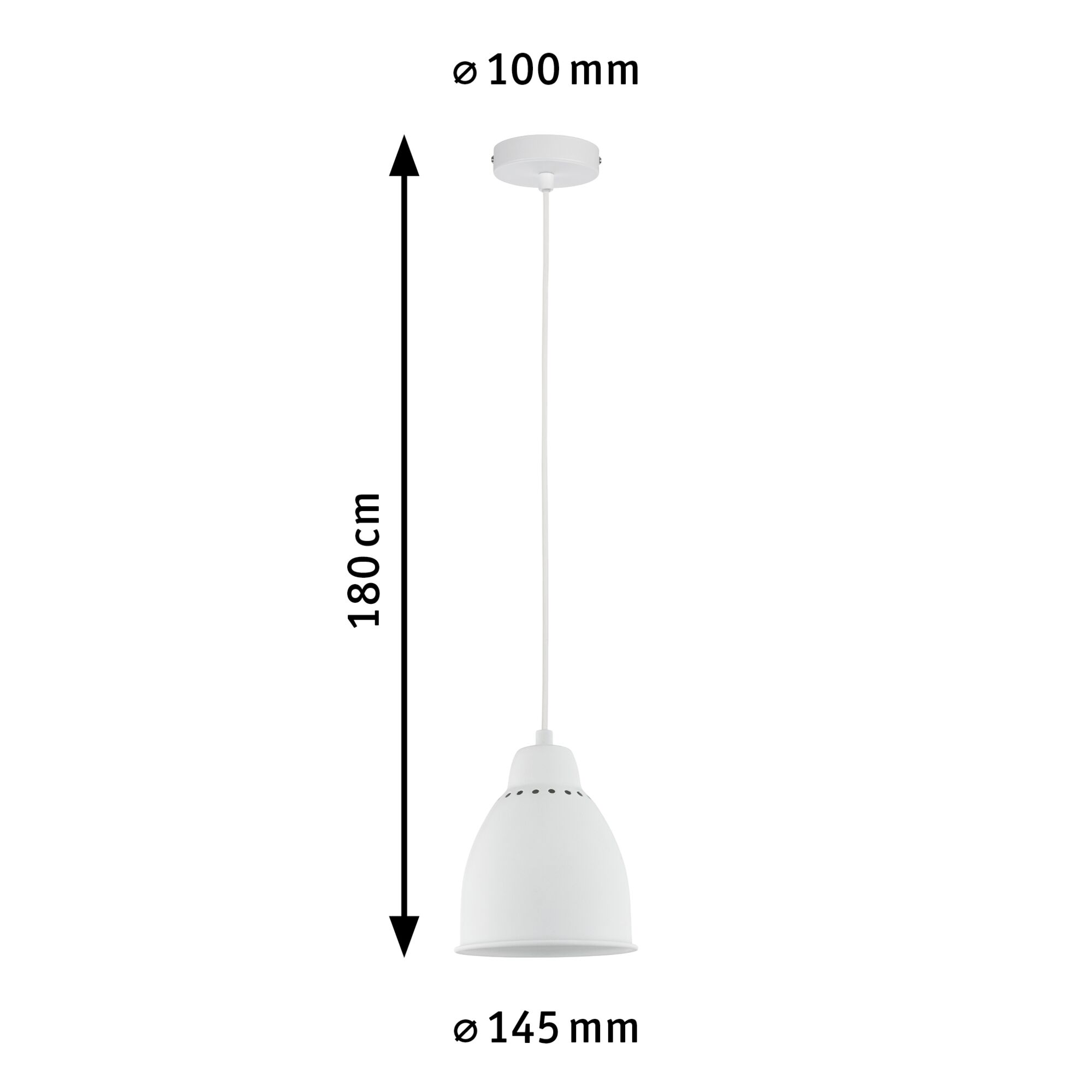 Lampada a sospensione bianca con diametro superiore di 100 mm e inferiore di 145 mm, lunga 180 cm. Frecce nere indicano le dimensioni.