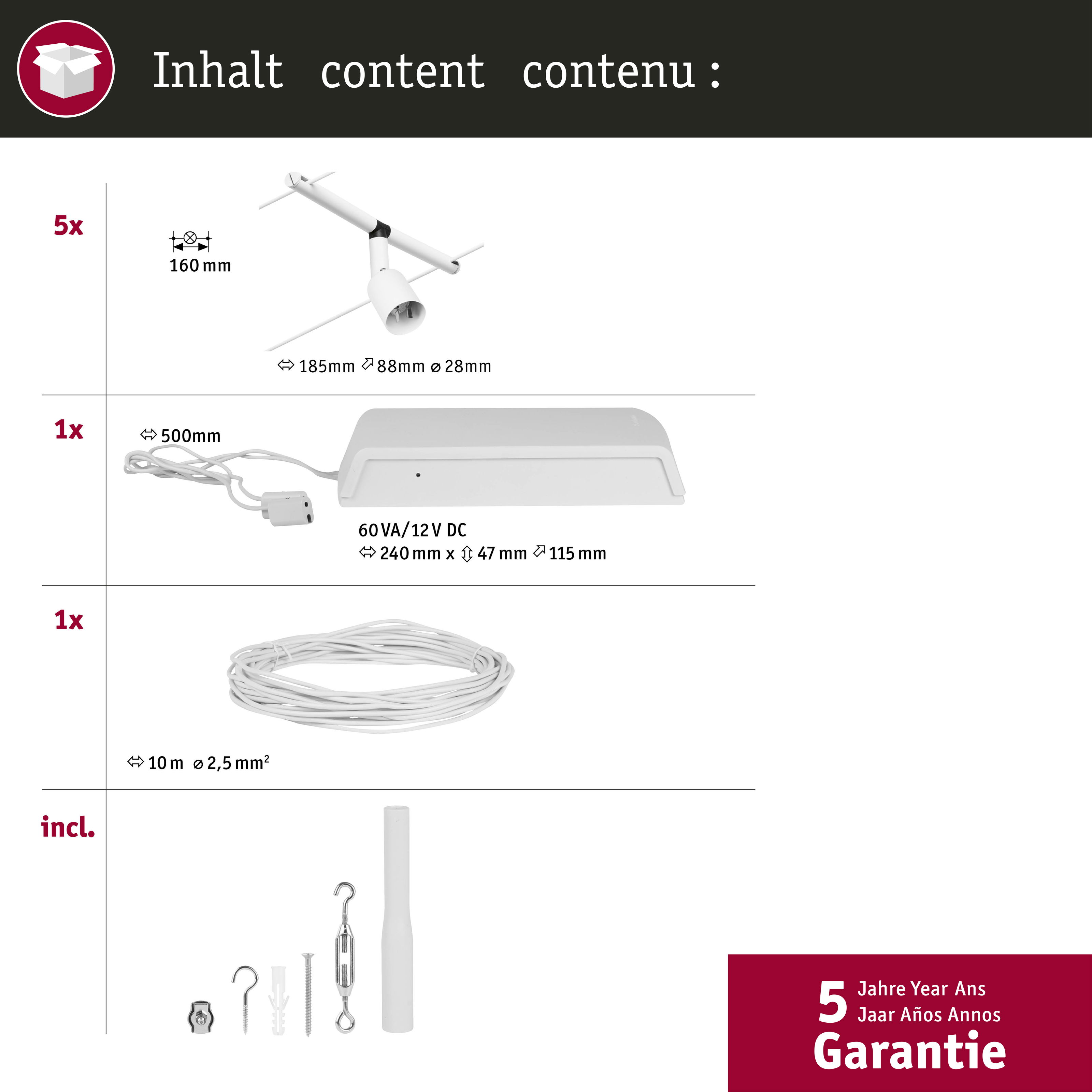 Diagramma che mostra le parti di un sistema di illuminazione a binario. Include luci e fonte di alimentazione.