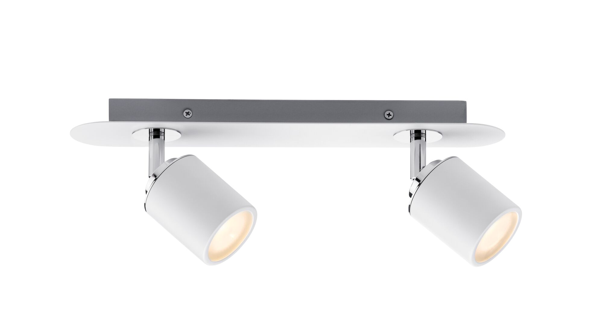 Un apparecchio di illuminazione bianco con due faretti bianchi su una base argentata, angolati verso il basso.