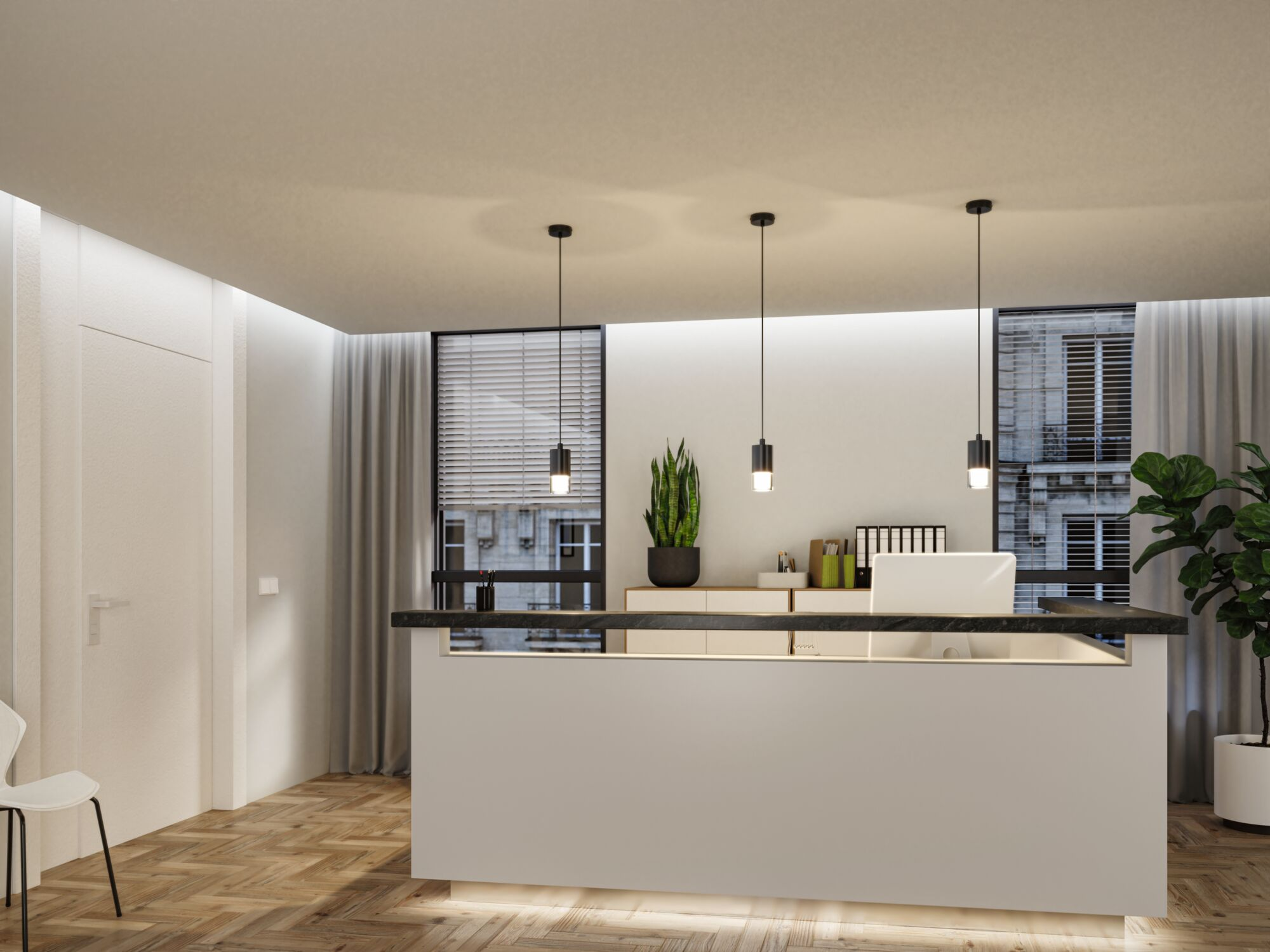 Recepcja biurowa z białym blatem, trzema lampami wiszącymi i roślinami.