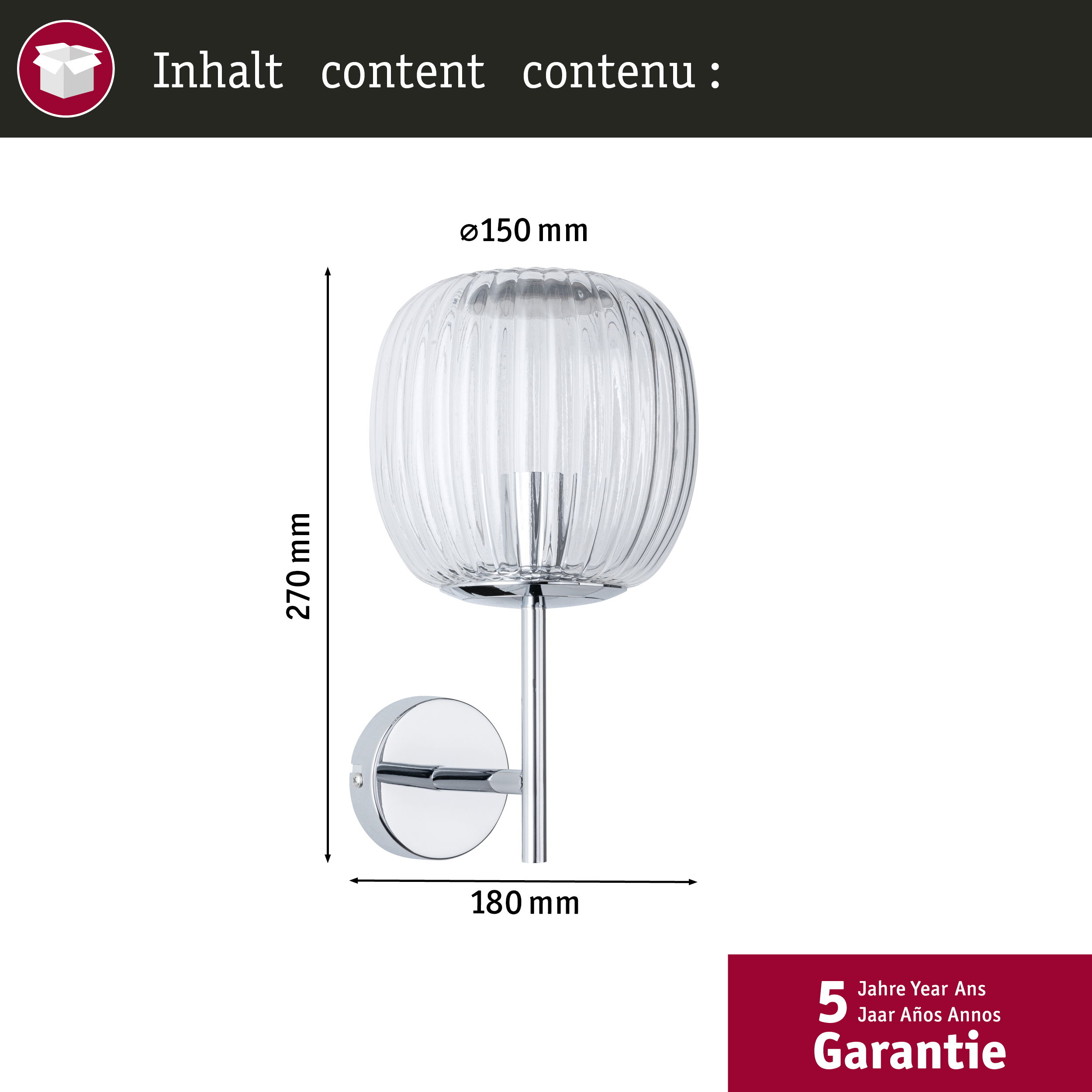 Eine Wandlampe mit klarem Glasschirm und Chromsockel, mit Abmessungen.