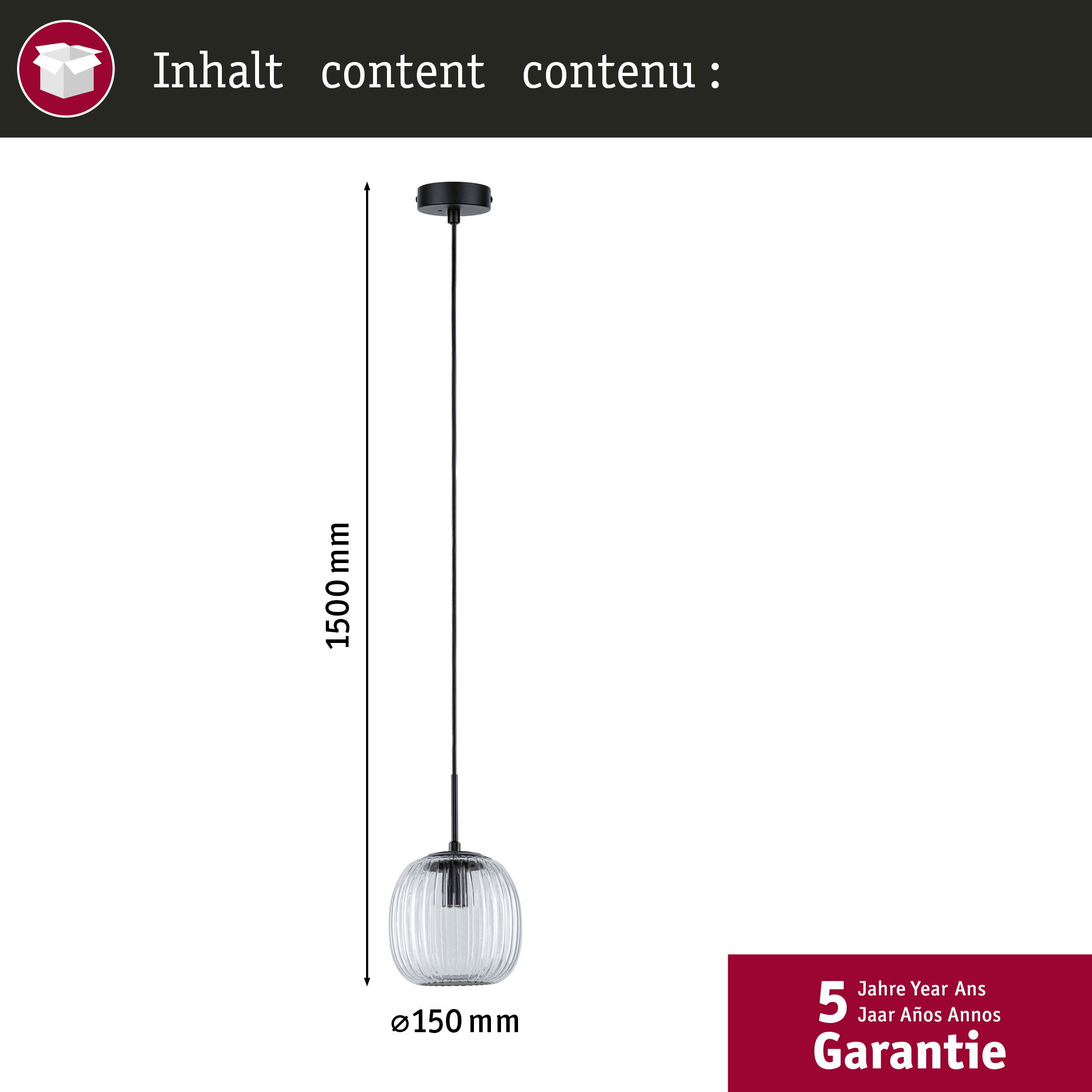 Czarna lampa wisząca z kloszem ze szkła i wymiarami, ze znakiem gwarancji.