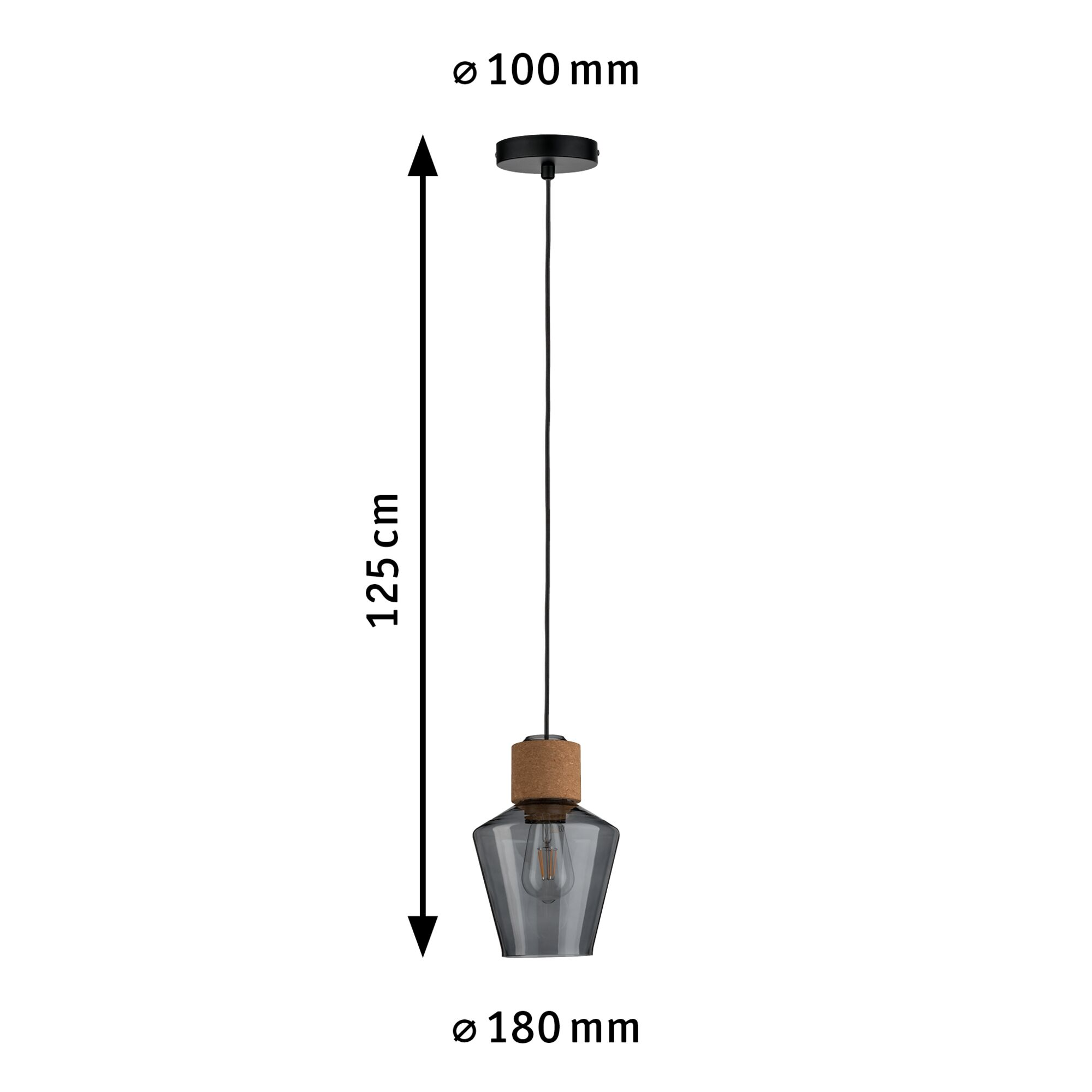 Lampa wisząca z czarnym przewodem, drewnianą i szklaną lampą. Wymiary: 125 cm wysokości, 100 mm i 180 mm średnicy.