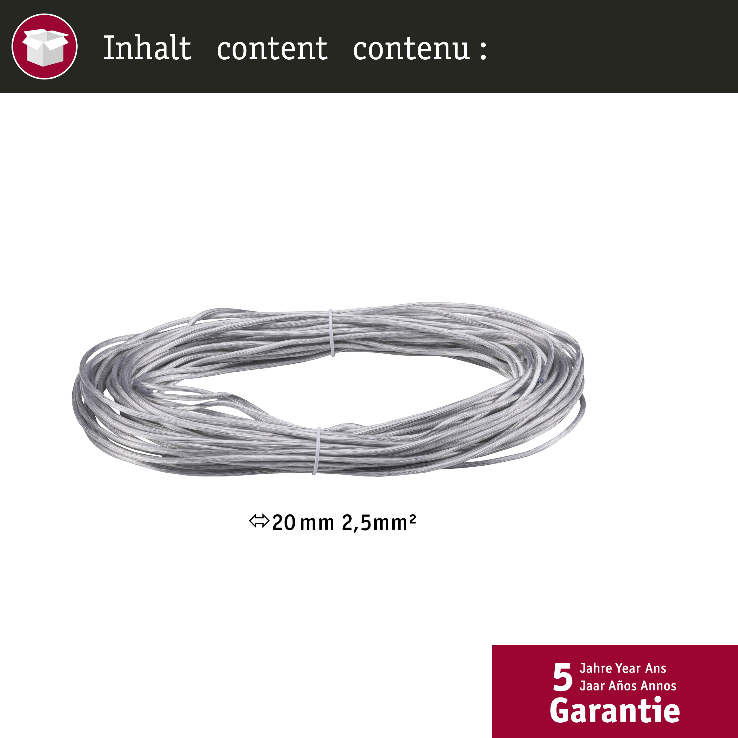 Una bobina di cavo bianco. Le dimensioni sono indicate come 20 mm, 2,5 mm quadrati. Include informazioni sulla garanzia.