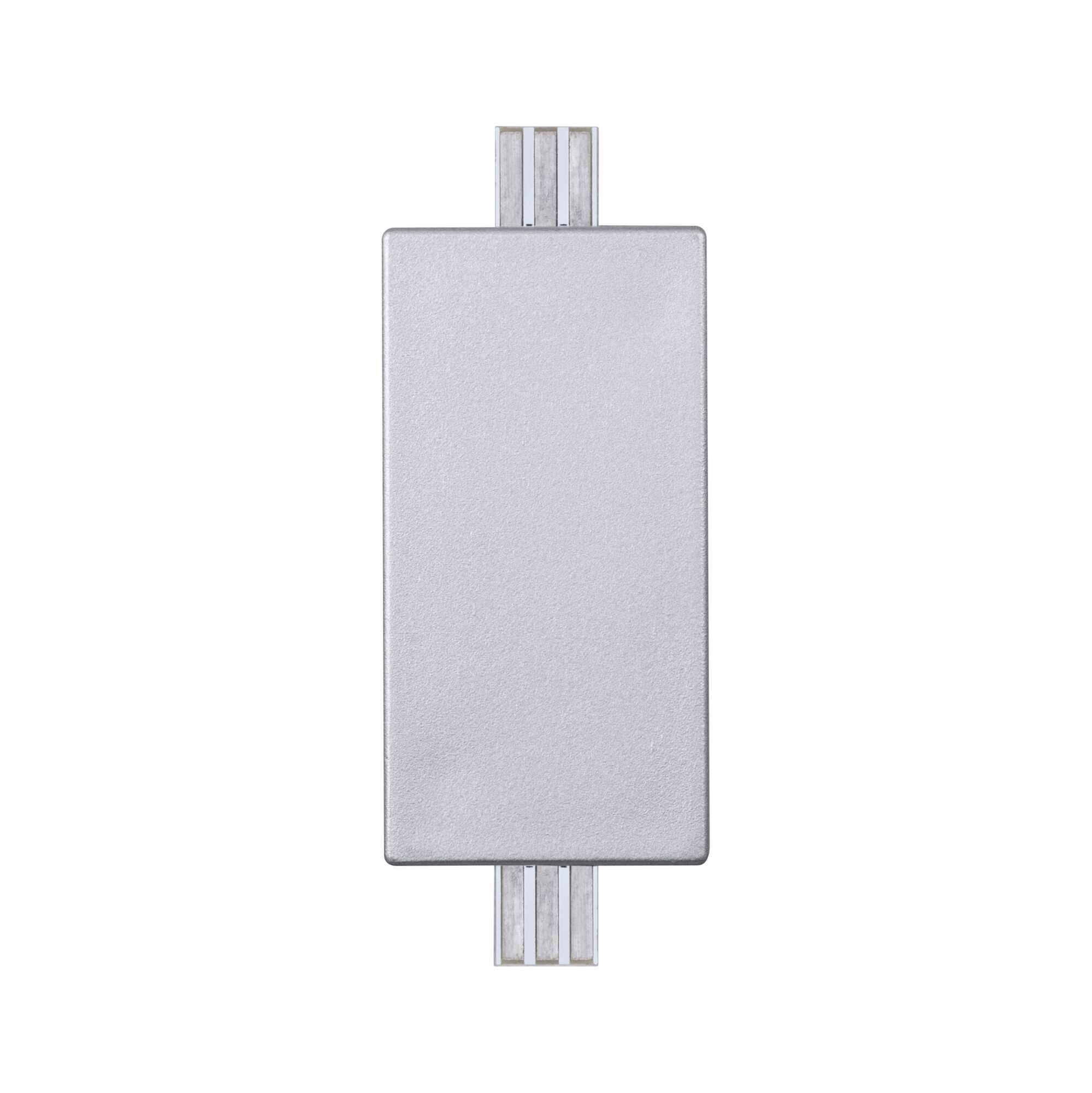 Prostokątny srebrny element, prawdopodobnie złącze USB, z dwoma srebrnymi prętami po bokach.