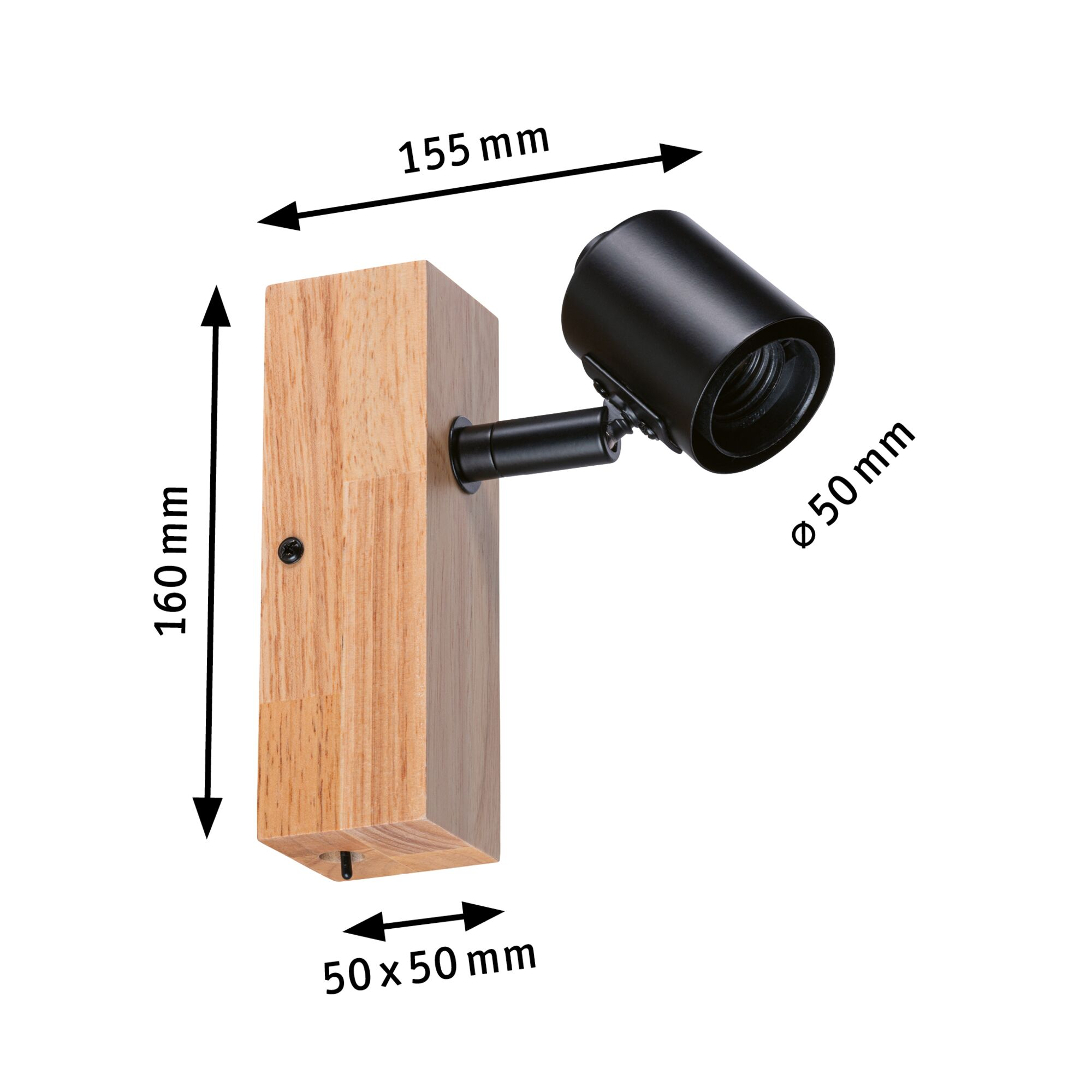 Lampa ścienna z drewnianą podstawą i czarnym światłem. Wymiary: 160 mm wysokości, 155 mm szerokości, 50x50 mm.