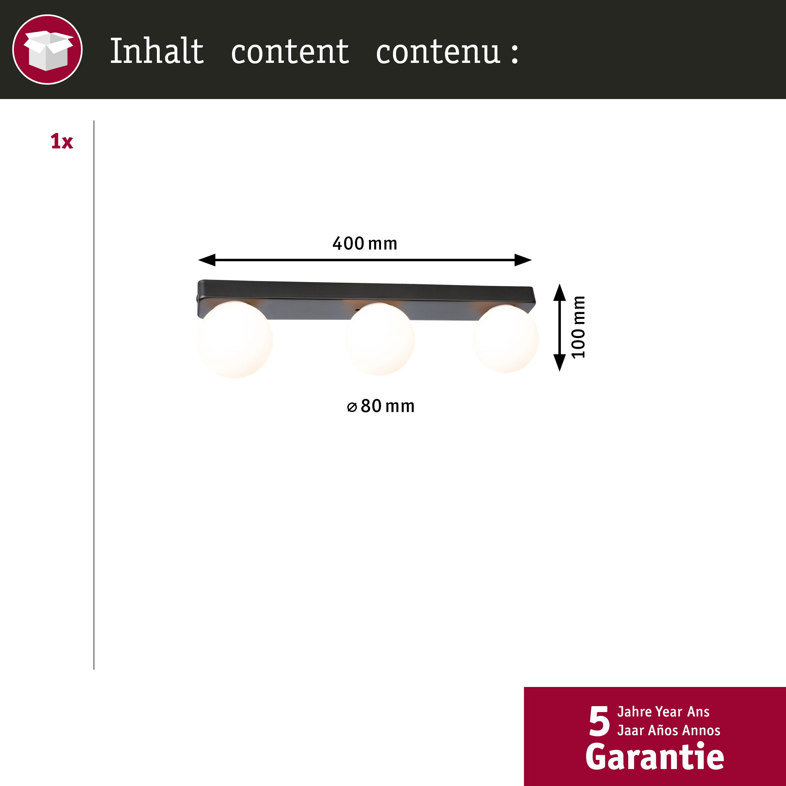 Eine schwarze Leuchte mit drei kugelförmigen Lichtern. Abmessungen: 400 mm Breite, 100 mm Höhe, 80 mm Durchmesser.