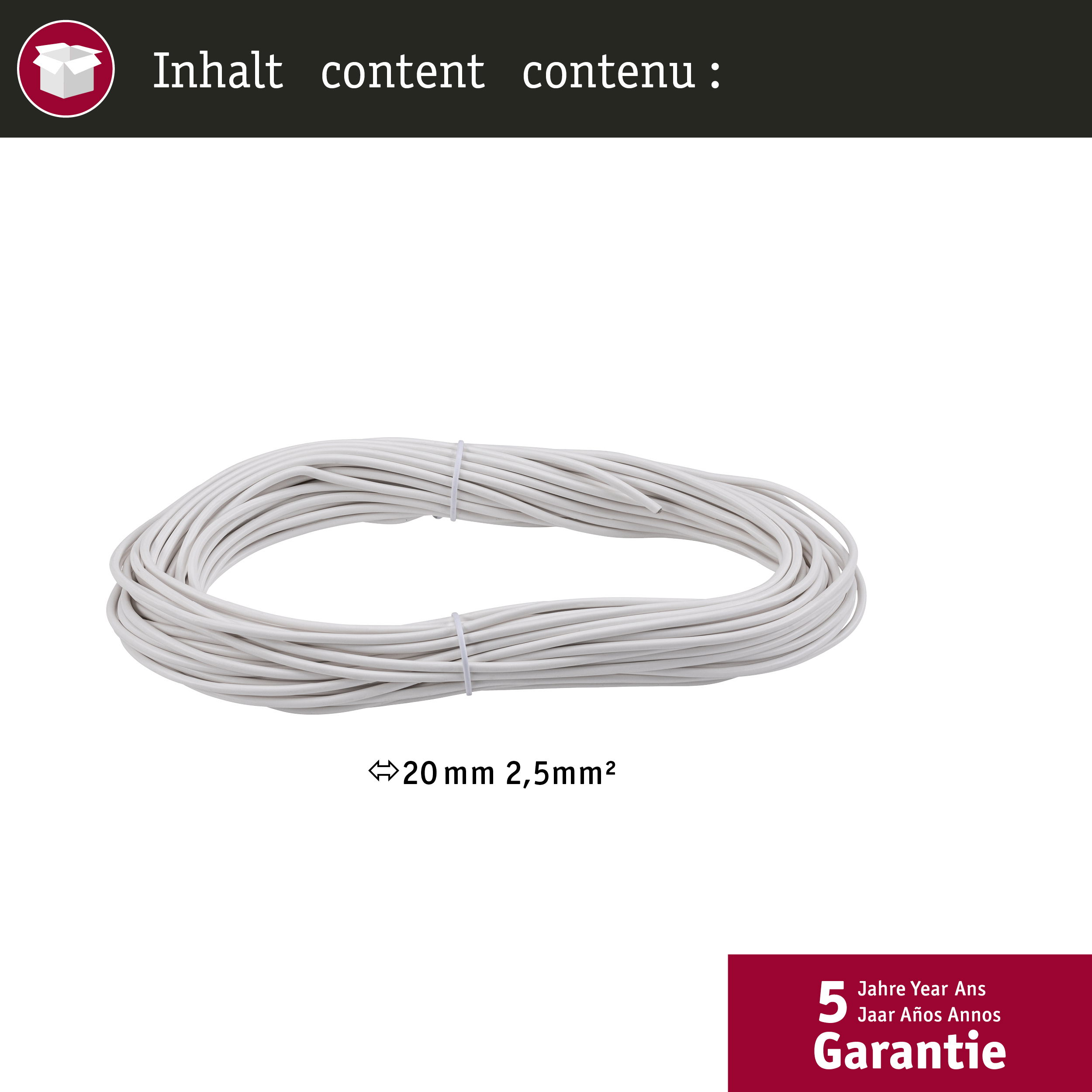 Gewickelter weißer Draht mit weißem Band auf weißem Hintergrund. Text: '20 mm 2,5mm²'.