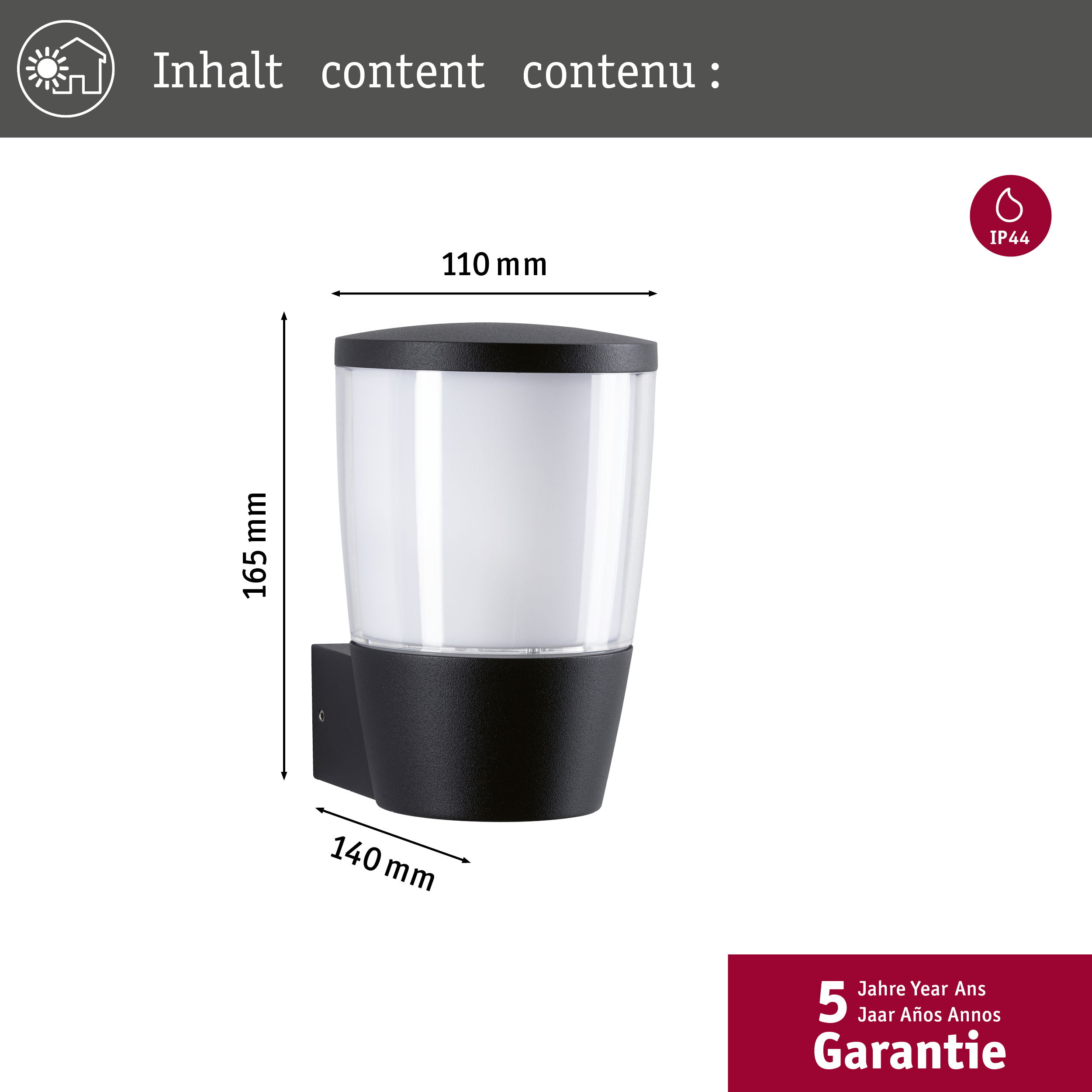 Schwarze Außenwandleuchte mit weißem Oberteil auf weißem Hintergrund. IP44.