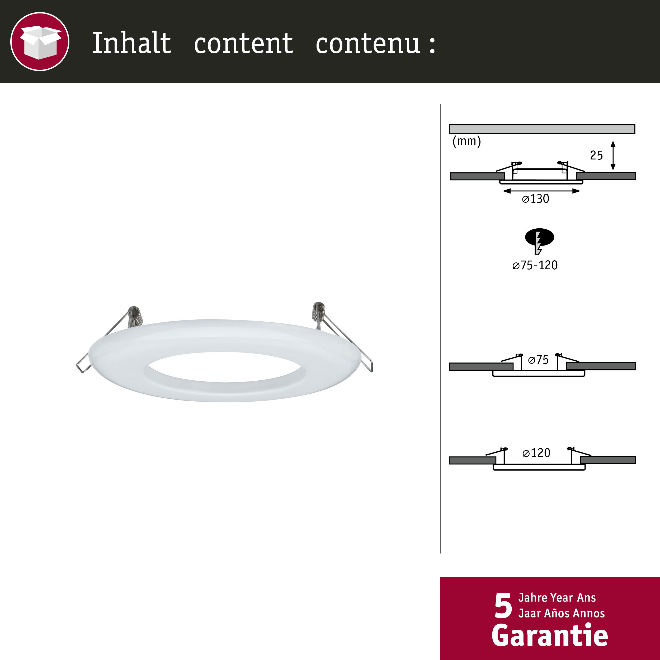 Un apparecchio di illuminazione a incasso con dimensioni e diagrammi di installazione. L'apparecchio ha un design circolare.