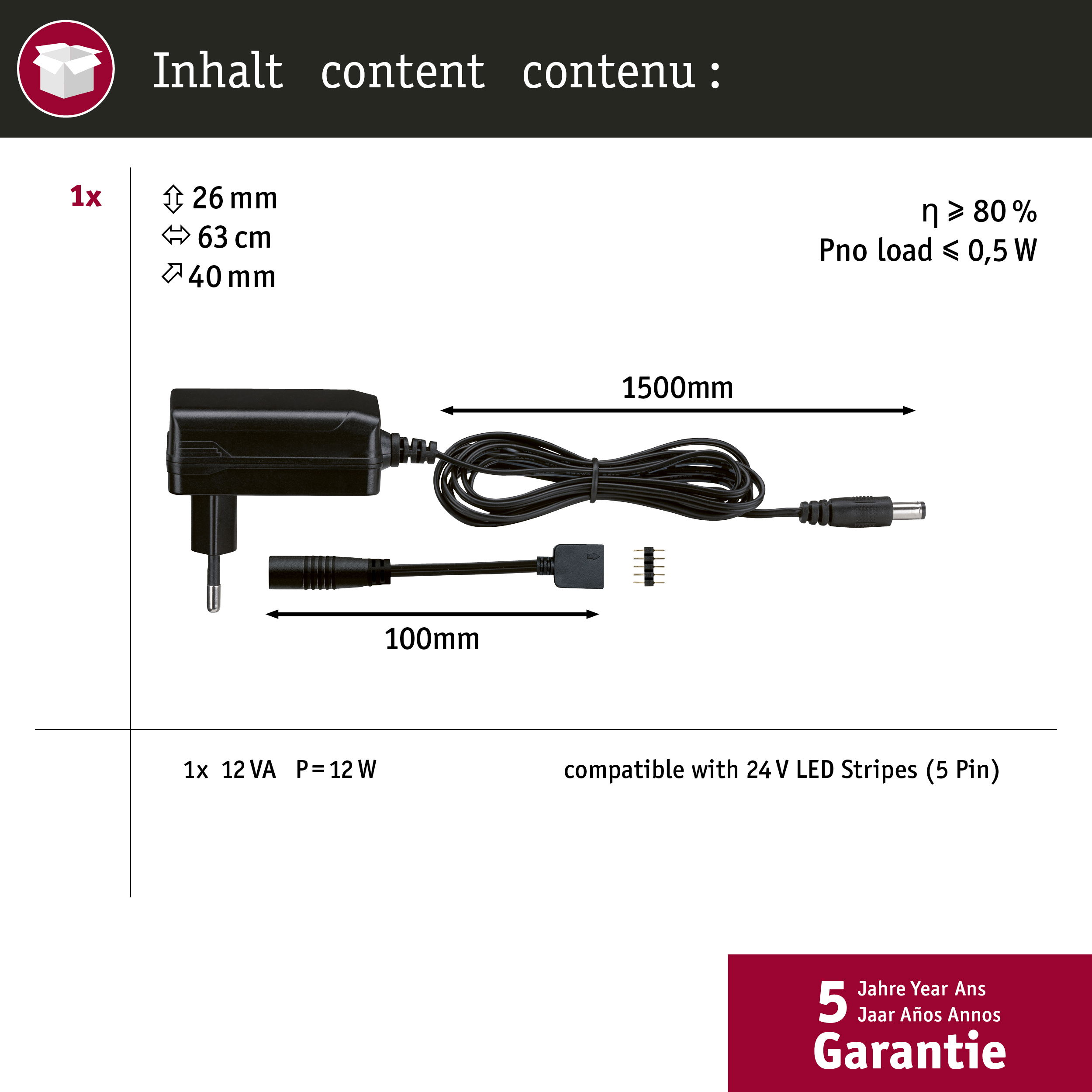 Ein Netzteil mit Netzkabel und Stecker, mit Abmessungen und anderen technischen Informationen.