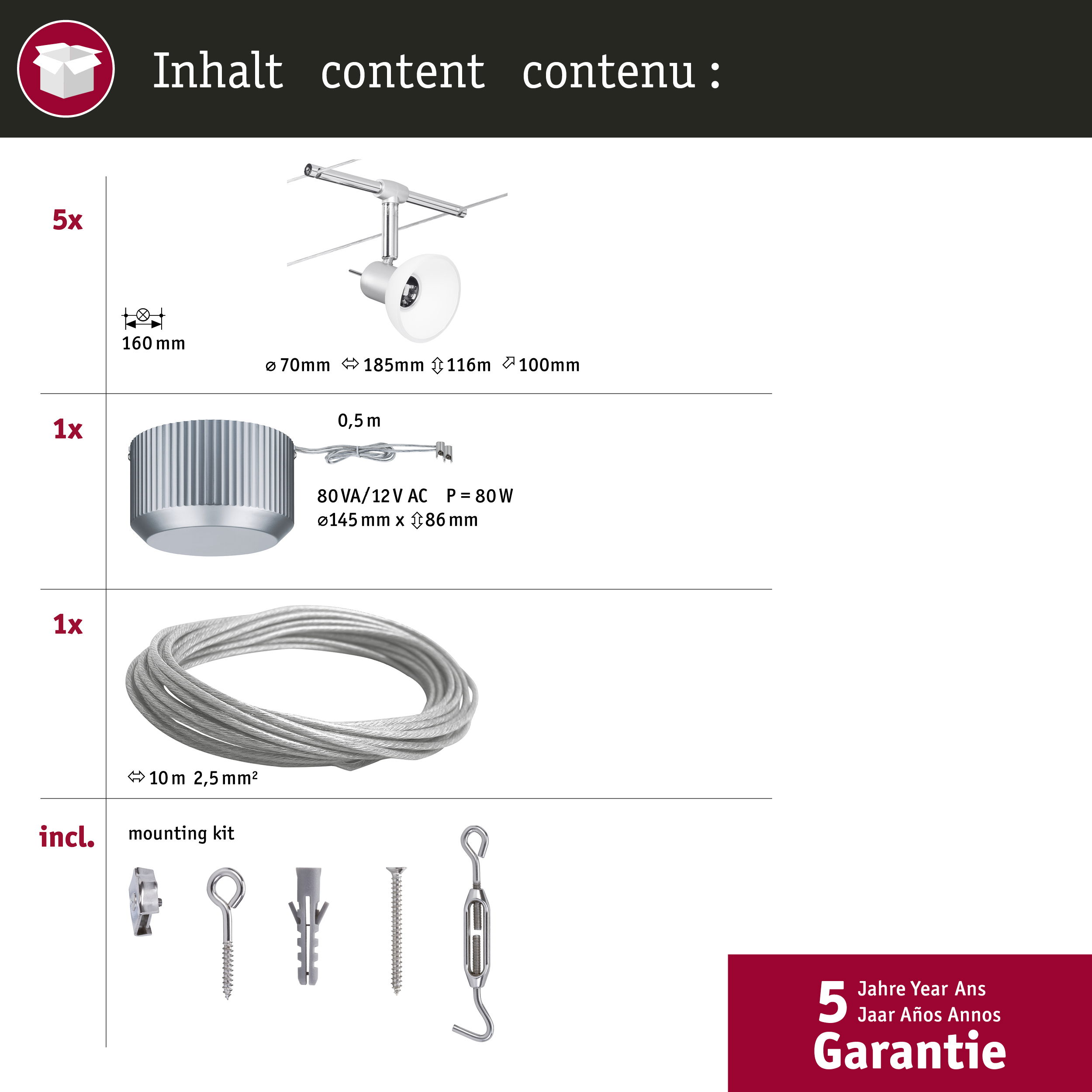 Inhalt eines Schienenbeleuchtungs-Kits. Enthält mehrere Leuchten und andere Komponenten auf weißem Hintergrund.