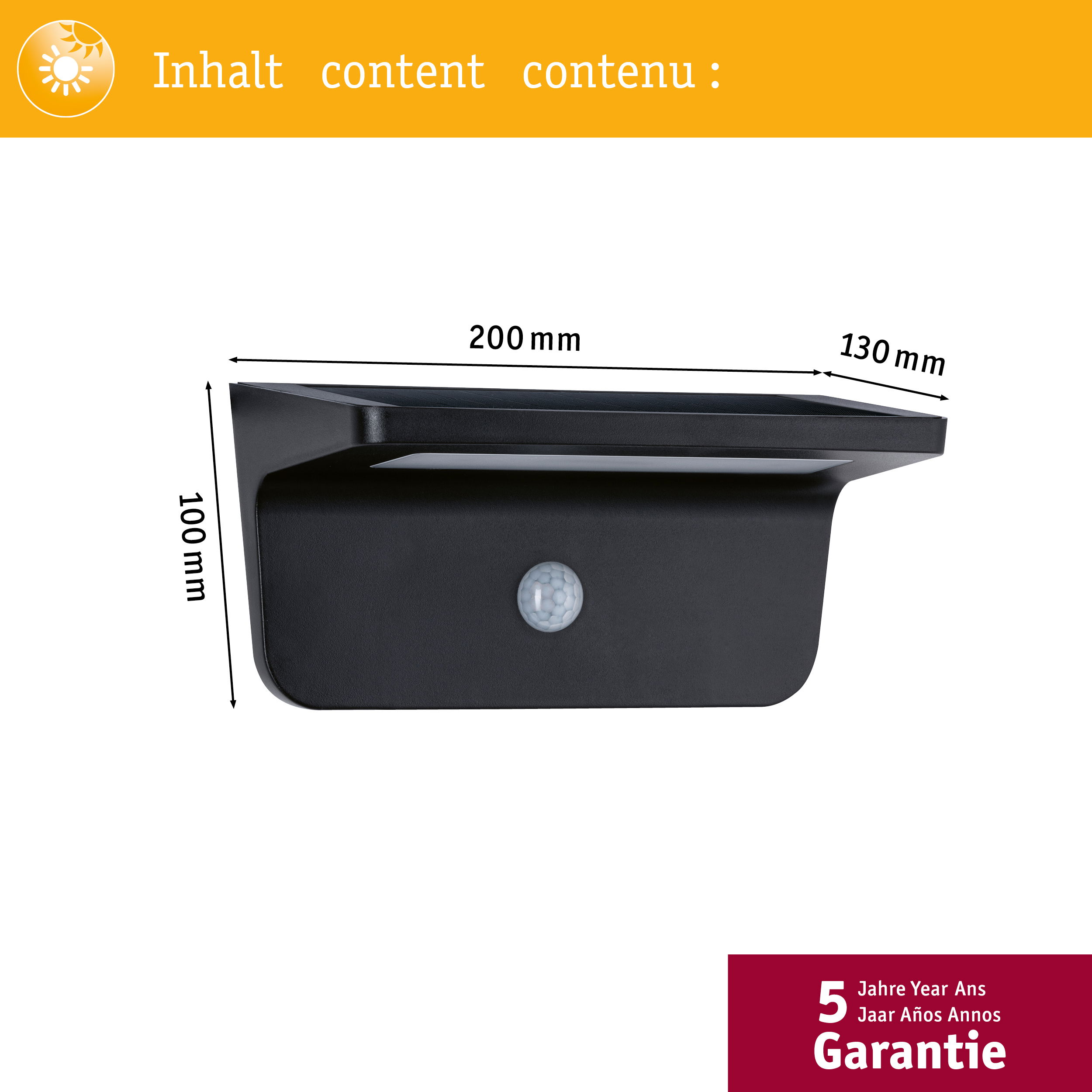 Czarna lampa solarna z czujnikiem, wymiary pokazane. Białe tło.