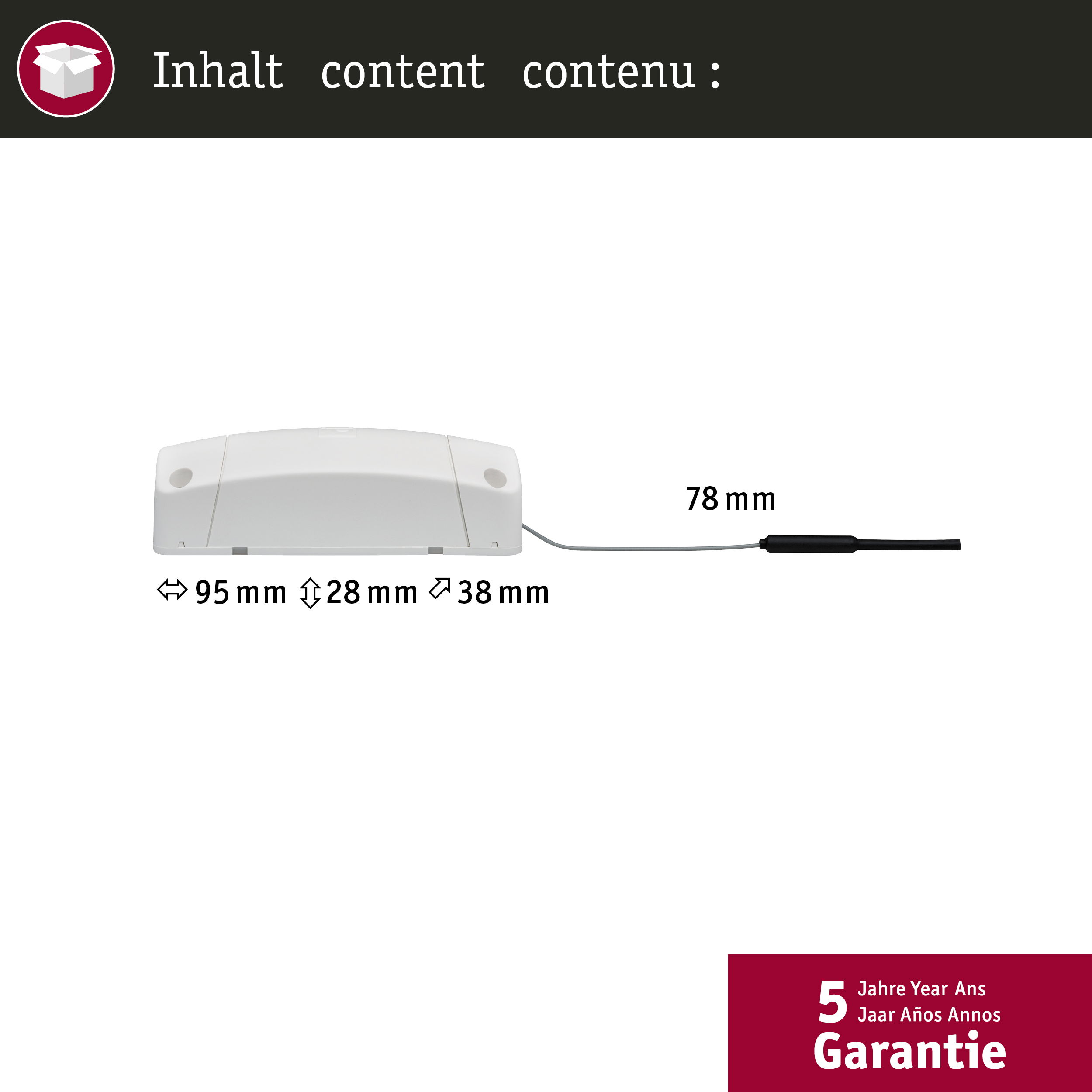 Ein kleiner weißer Stecker mit Abmessungen, ein Netzkabel und ein 5-Jahres-Garantie-Symbol.