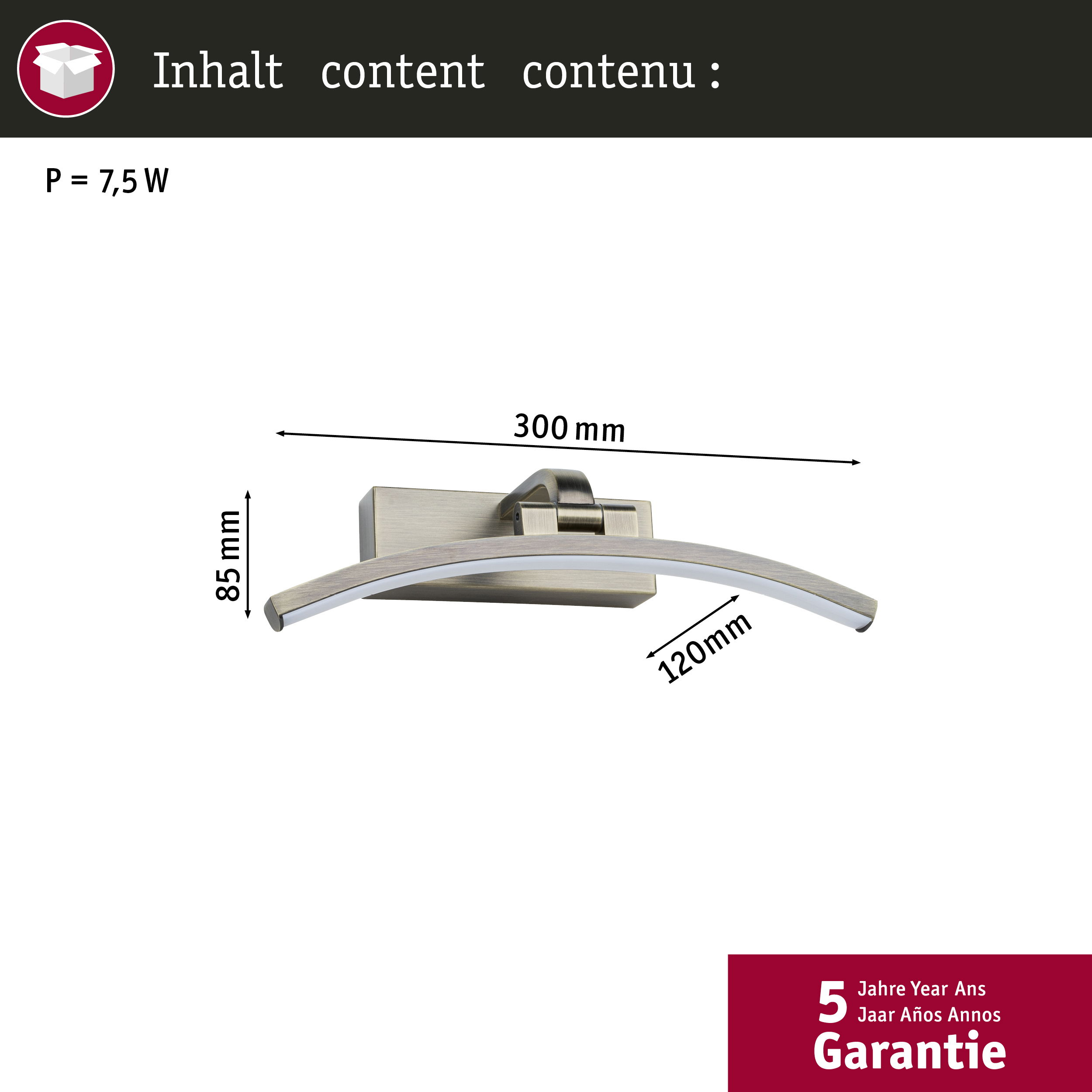 Srebrna lampa ścienna o zakrzywionej konstrukcji, wymiarach i grafice gwarancyjnej.