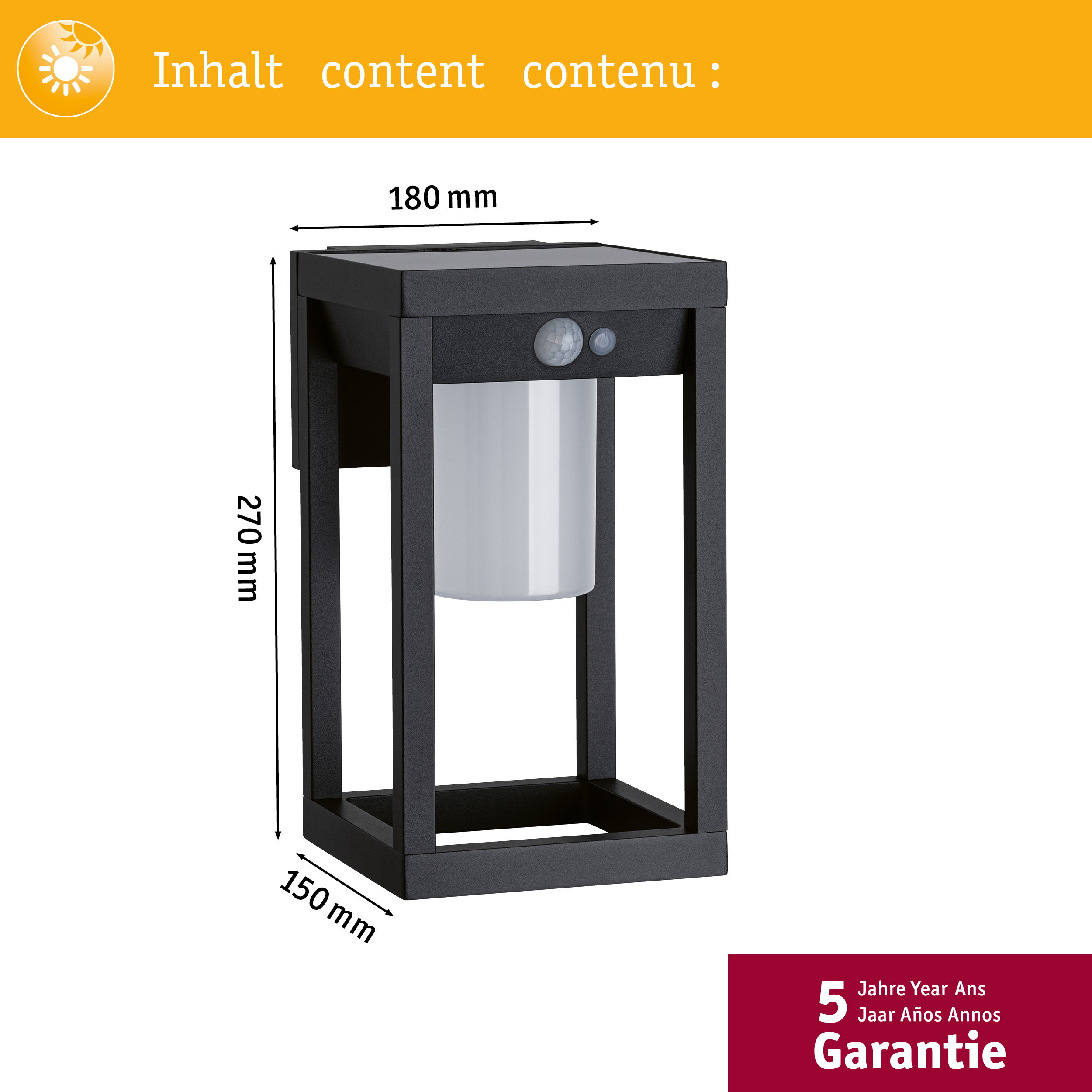Czarna lampa zewnętrzna z białym cylindrem w środku, wymiary. Białe tło.