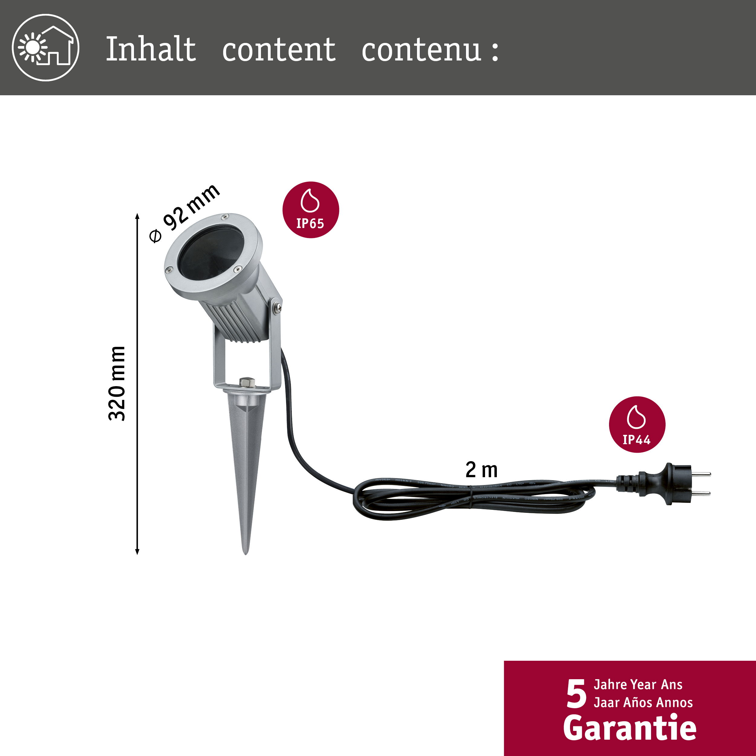 Reflektor z podstawą szpilkową, wymiary. Czarny przewód, białe tło.