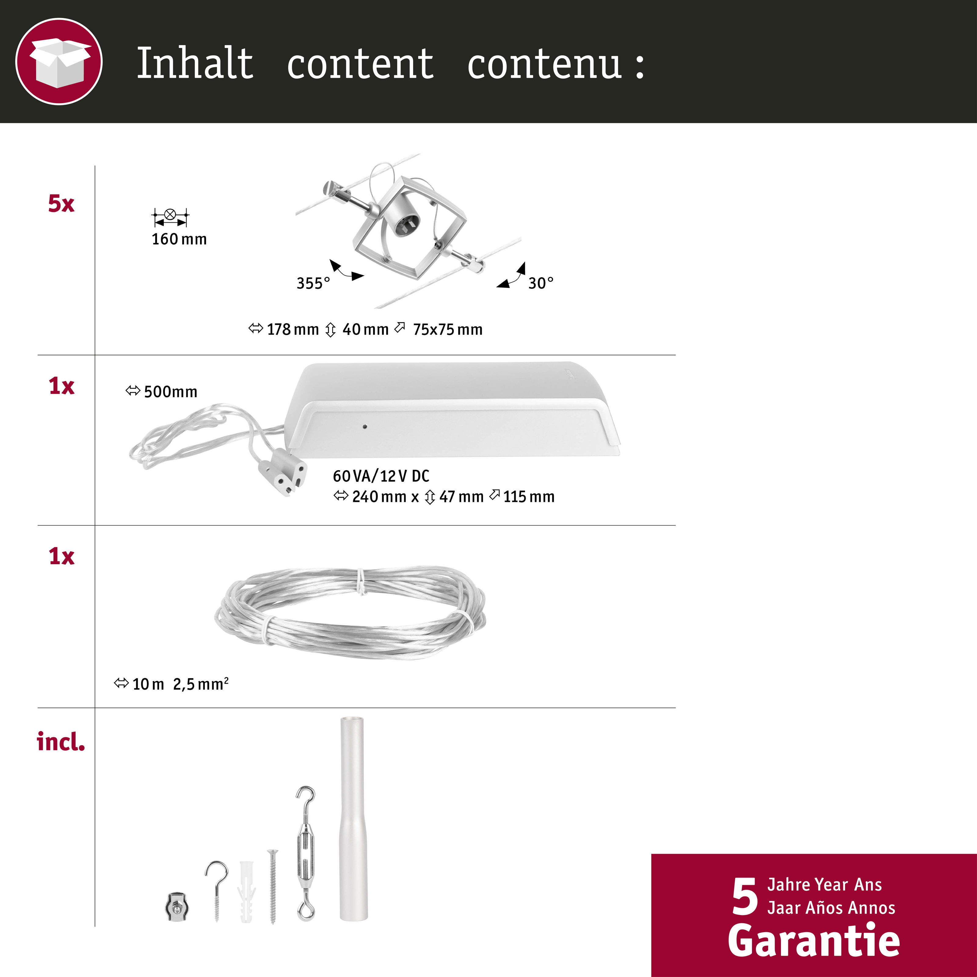 Schéma des composants d'éclairage, avec divers éléments et dimensions.
