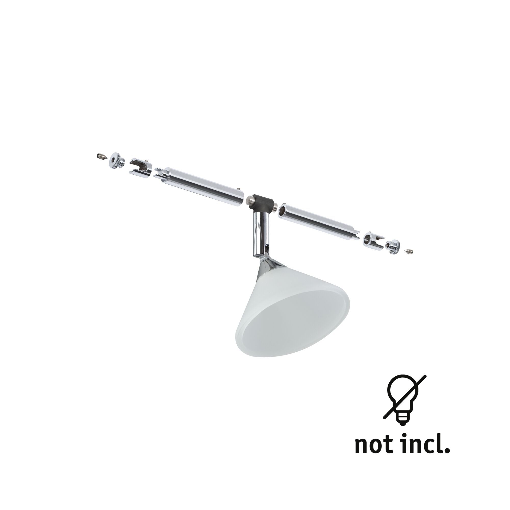 Componenti della lampada, smontati. Sfondo bianco. Testo: non incl.